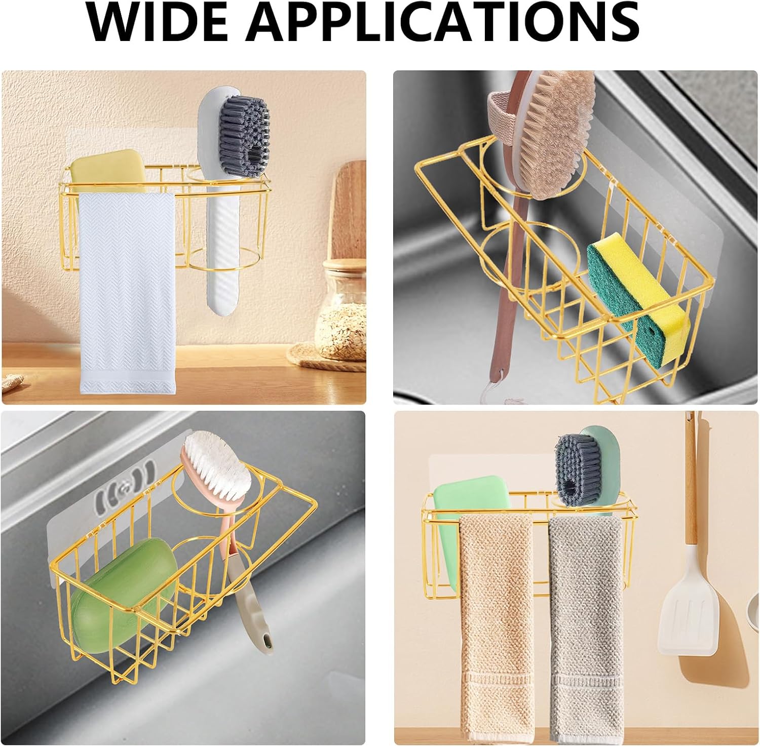 3-in-1 Adhesive Sink Caddy Kitchen Sink Organizer,Stainless Steel Sponge and Brush Holder for Kitchen Sink,Suitable for Sponges,Dish Cloth,Scrubbers, Soap, Kitchen, Bathroom.Gold