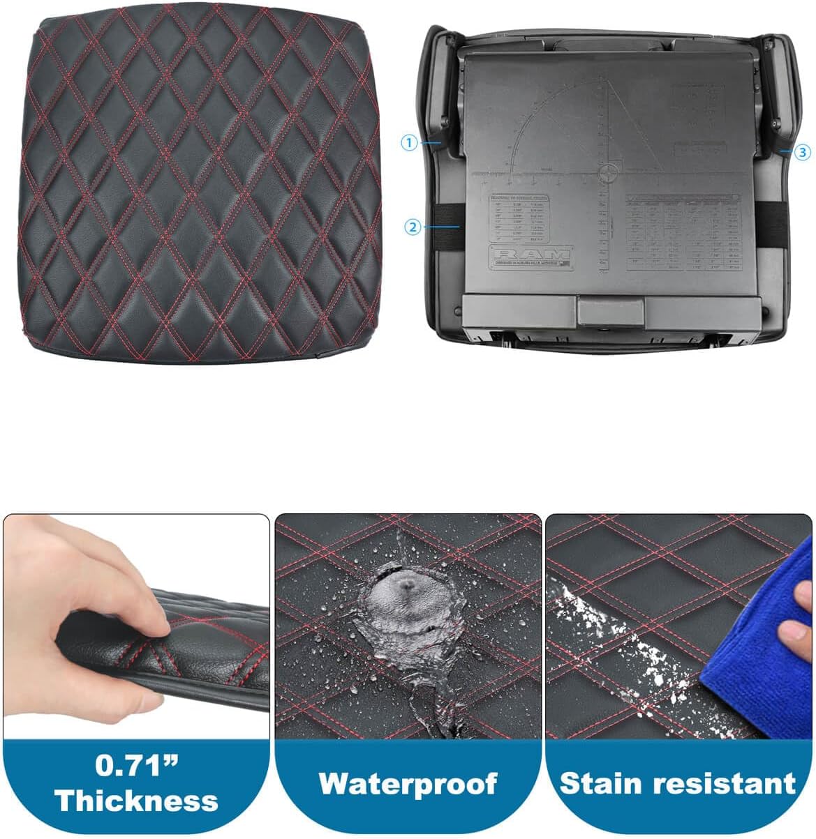 Center Console Cover for Dodge Ram 1500 2019-2026, Bucket Seat, Vinyl Leather Interior Accessories, Car Armrest Cushion Pad, Anti-Scratch, Black-Red Stitch