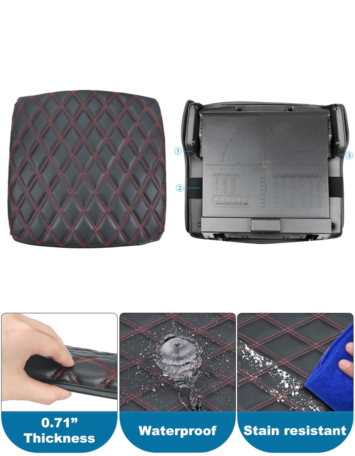 Center Console Cover for Dodge Ram 1500 2019-2026 Bucket Seat Vinyl Leather Interior Accessories Car Armrest Cushion Pad — view 5