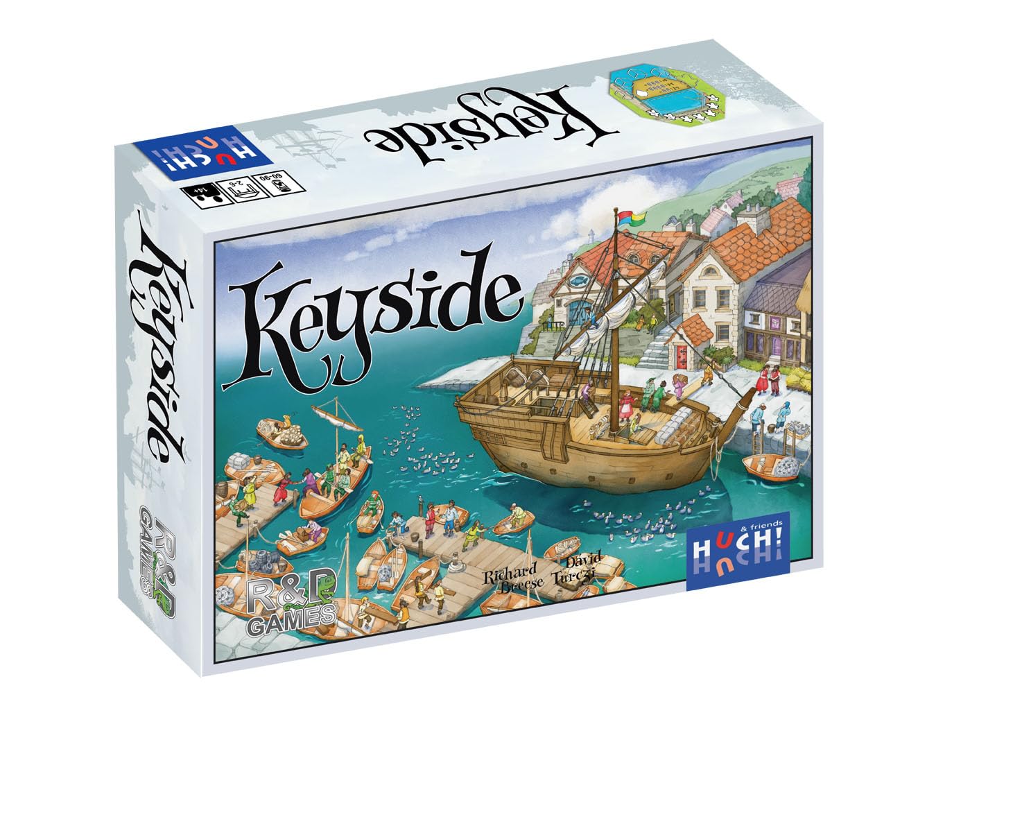 HUCH! Keyside, Kennerspiel, Würfelmanipulation und Arbeiterstrategien, Strategiespiel mit spannenden Szenarien, Für 1–4 Spieler ab 14 Jahren