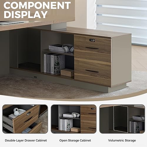Miniatura 6 de Escritorio ejecutivo en forma de L con gabinetes reversibles, cajones con cerradura y caja de cables, escritorio de oficina moderno con escritorio