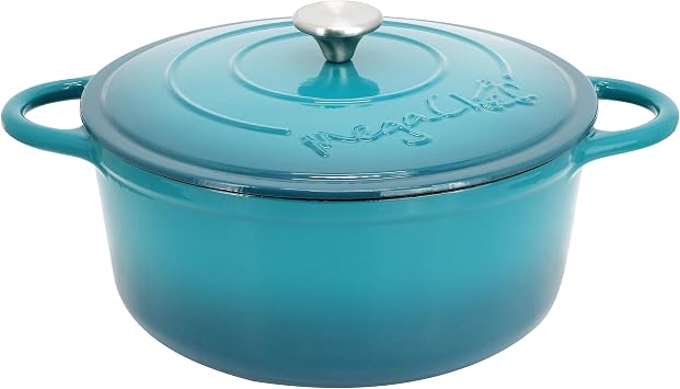 MegaChef 6.35 Quart Round Enameled Cast Iron Dutch Oven Pot with Self Basting Lid & Dual Handles, Heavy Duty, Oven Safe Light Blue