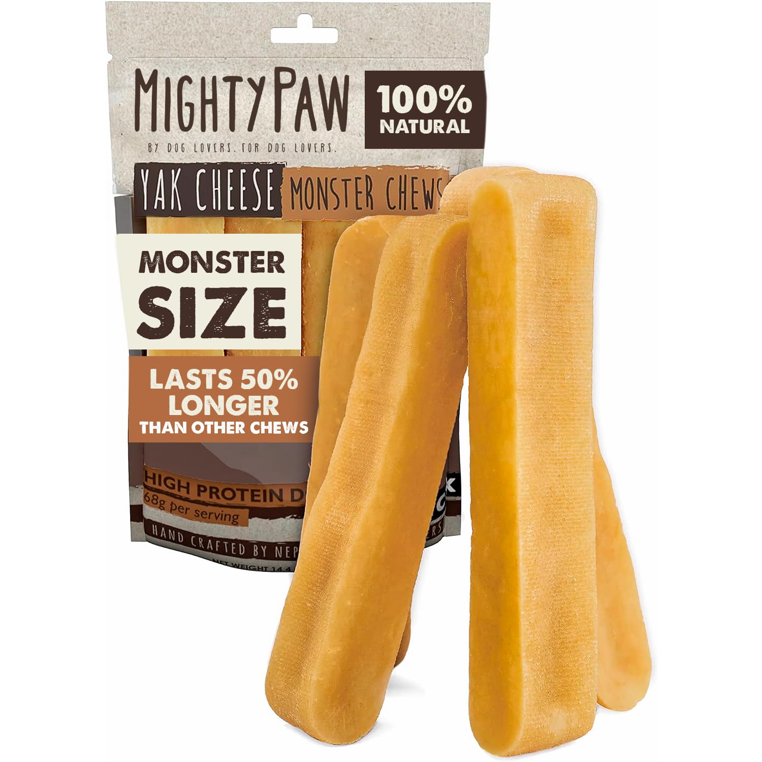 Mighty Paw Yak Cheese Dog Chews - All-Natural Treats for Dogs - High Protein Treat with 68 Grams of Protein Per Chew - Delicious and Long Lasting - Limited Ingredients - Monster 4 Pack
