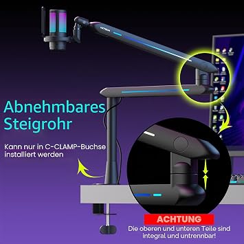 IXTECH RGB Low Profile Gallows Arm for Microphone Adjustable Microphone Arm Stand with Table Mount Clamp Rotating Microphone Arm Microphone Stand with Cable Management for Podcast Streaming