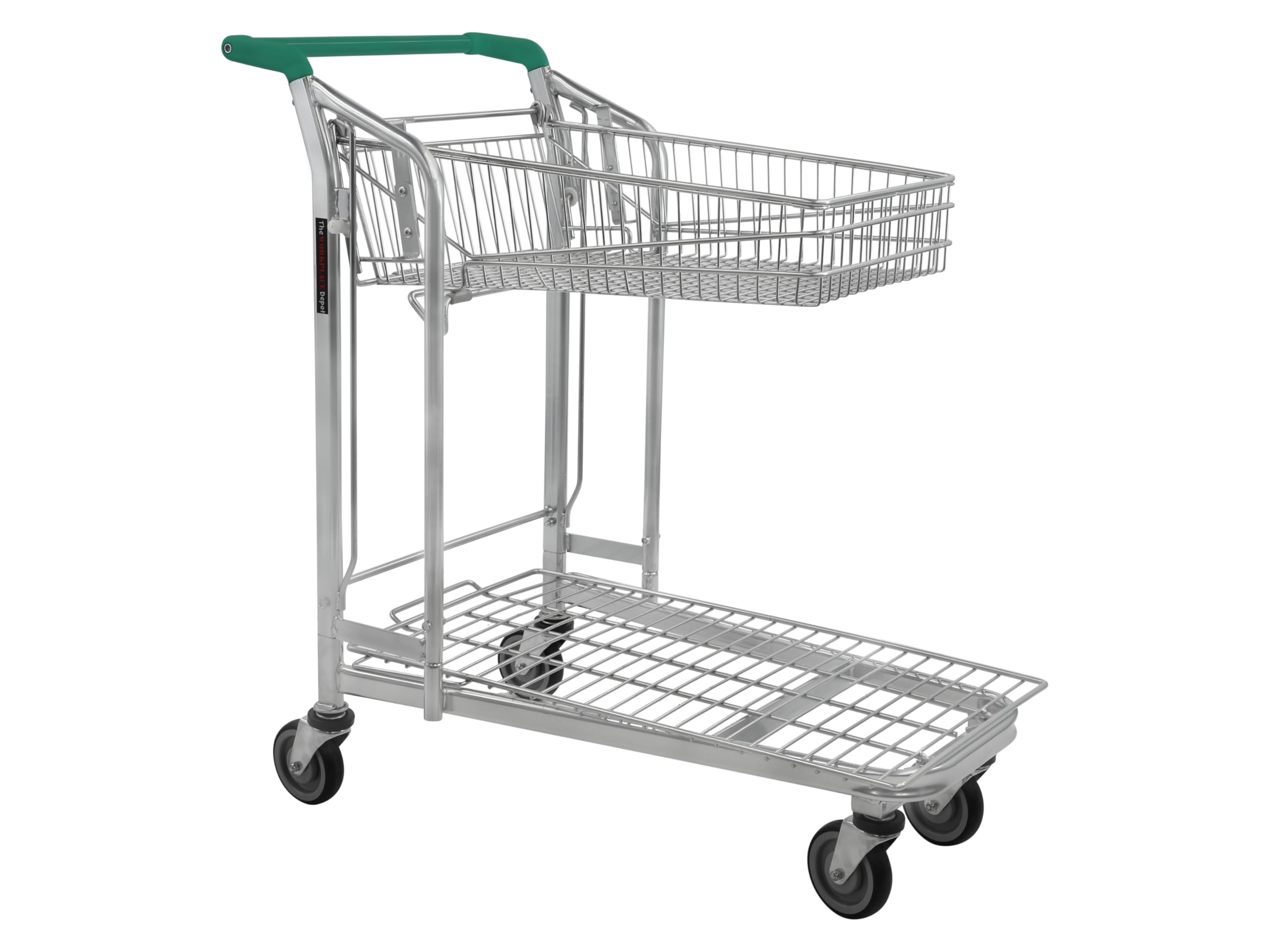 Nestable Stock Trolley, Industrial Steel Platform Transport Cart with Folding Basket, Ergonomic Handle & Swivel Wheels for Warehouses, Retail Outlets