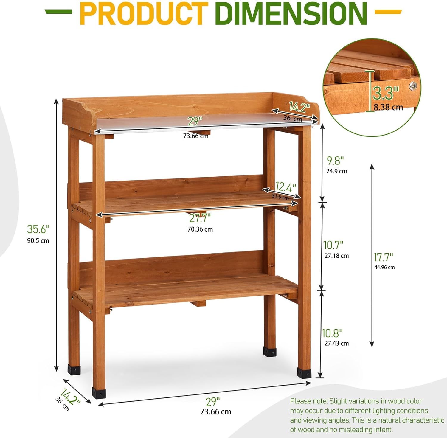 Outdoor Potting Bench Table with Storage, Wooden Planting Worstation Flower Pot Bench, Metal Tabletop, 2 Storage Shelves, 3 Hooks, Potting Station for Porch, Patio & Backyard (Wood Color)