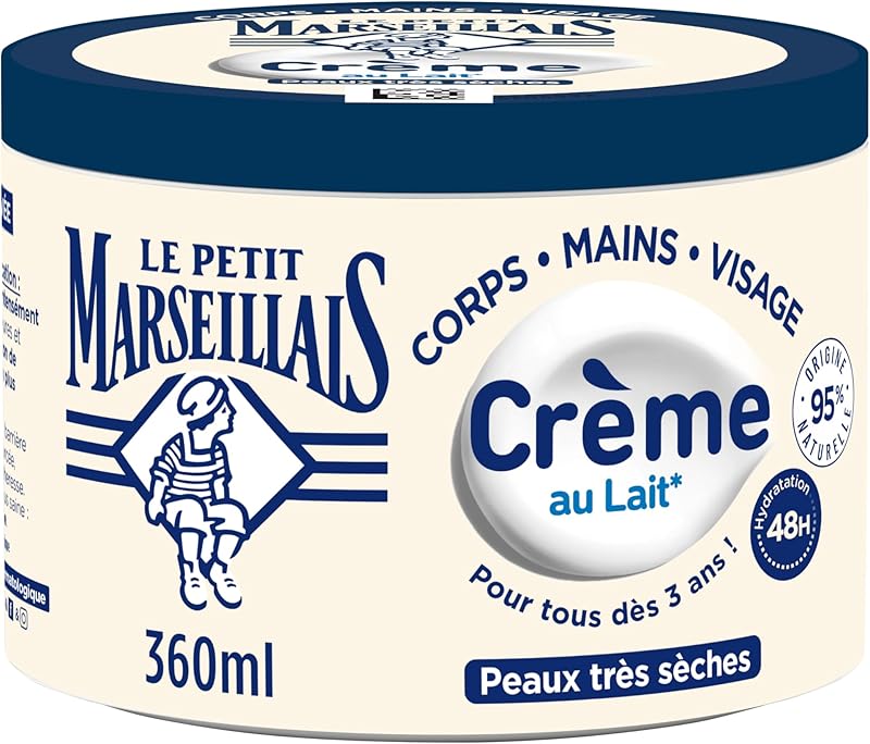 Le Petit Marseillais | Crème Hydratante Multi-Usage Lait (pot de 360 ml) – Crème corps, mains et visage pour les peaux très sèches – Soin hydratant 48h avec 95% d'ingrédients d'origine naturelle