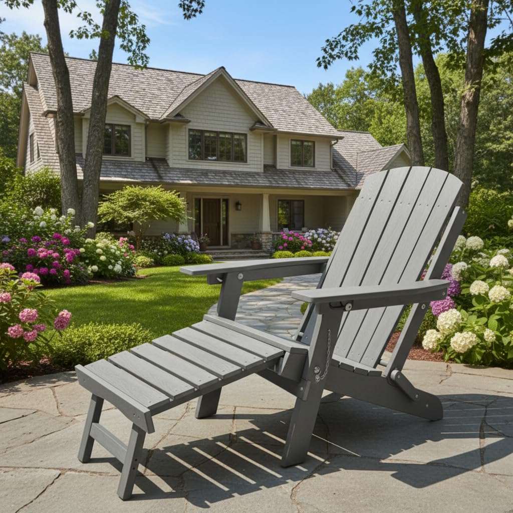 osoltus Adirondack Stuhl bis 150kg | Canadian Deck Chair | recycletes Plastic mit Holzstruktur | 3-Fach Verstellbarer Rückenlehne | ausziehbares Fußteil grau