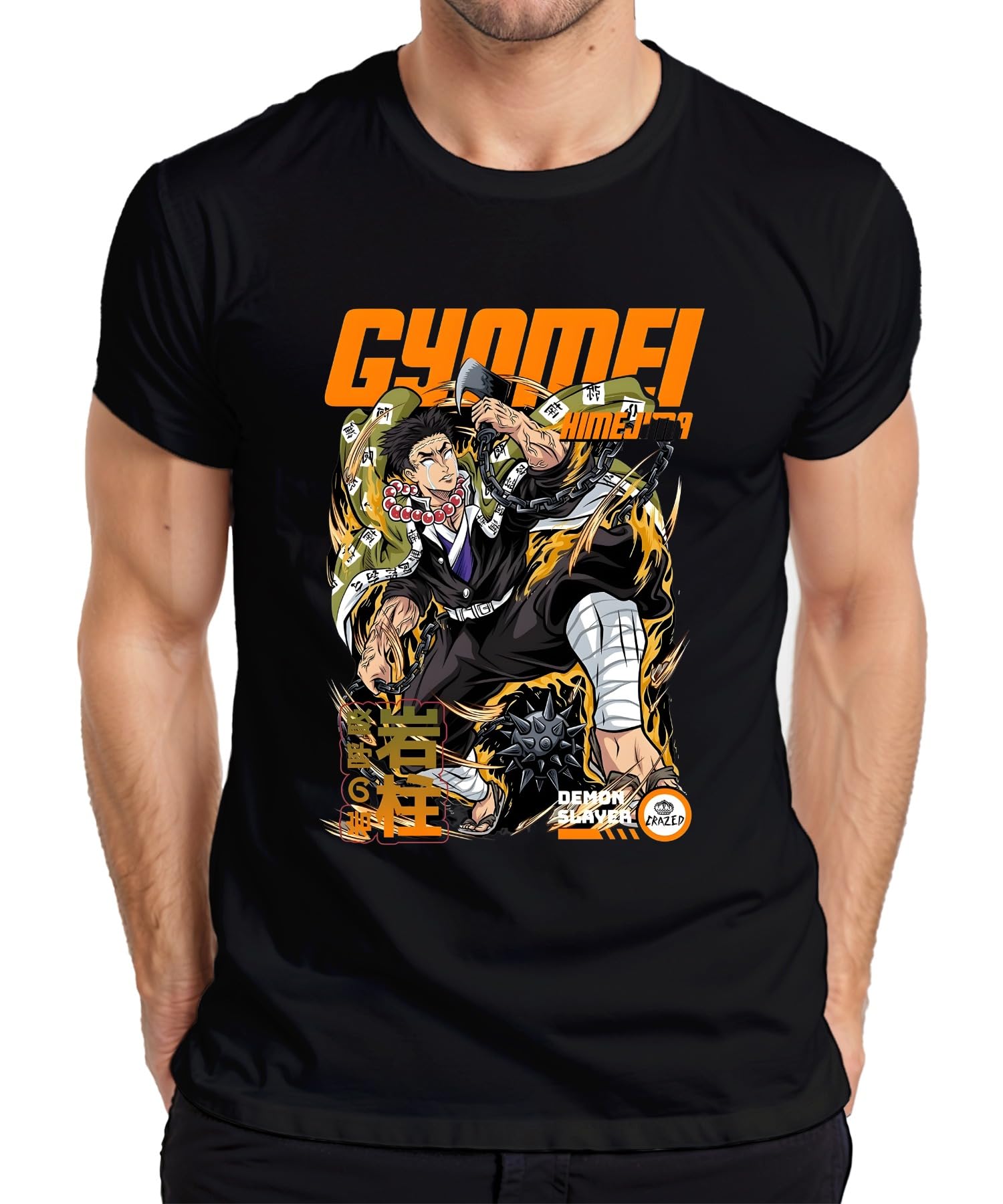 Printera Men's Black Gyomei Himejima Demon Slayer Hashira Anime Prayer Beads Gift T-Shirt, Xl