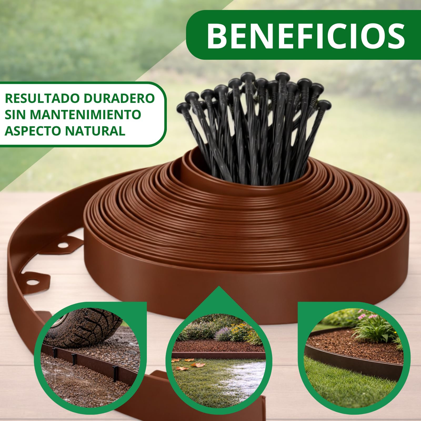 PLANTAWA Borde para Césped Artificial Marrón 10m, 30 piquetas | Delimitación y Fijación del Perímetro, Contención de Materiales y Acabado Profesional | Flexible, Discreto y Resistente para Jardín