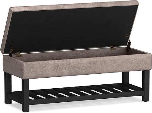 Miniatura 4 de SIMPLIHOME Cosmopolitan - Banco otomano rectangular de transición de 44 pulgadas de ancho con parte inferior abierta en piel sintética vegana gris