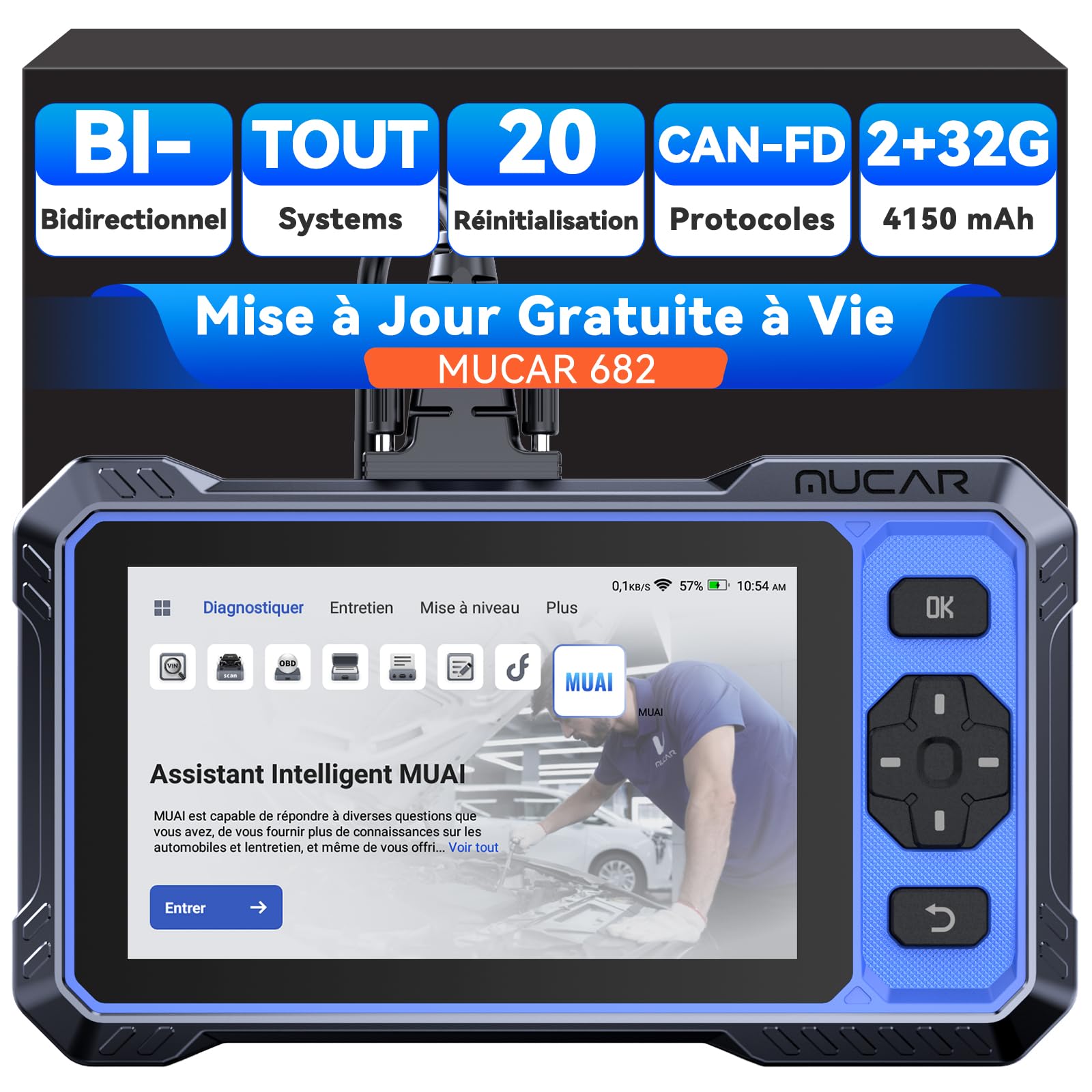 mucar 682 Diagnostic Intelligent par IA Valise Diagnostic Auto, Diagnostic Complet du Système, Tests Actifs Bidirectionnels, 20 Réinitialisations, Guide V.A.G, FCA AutoAuth, CANFD&DOIP, Gratuit à Vie