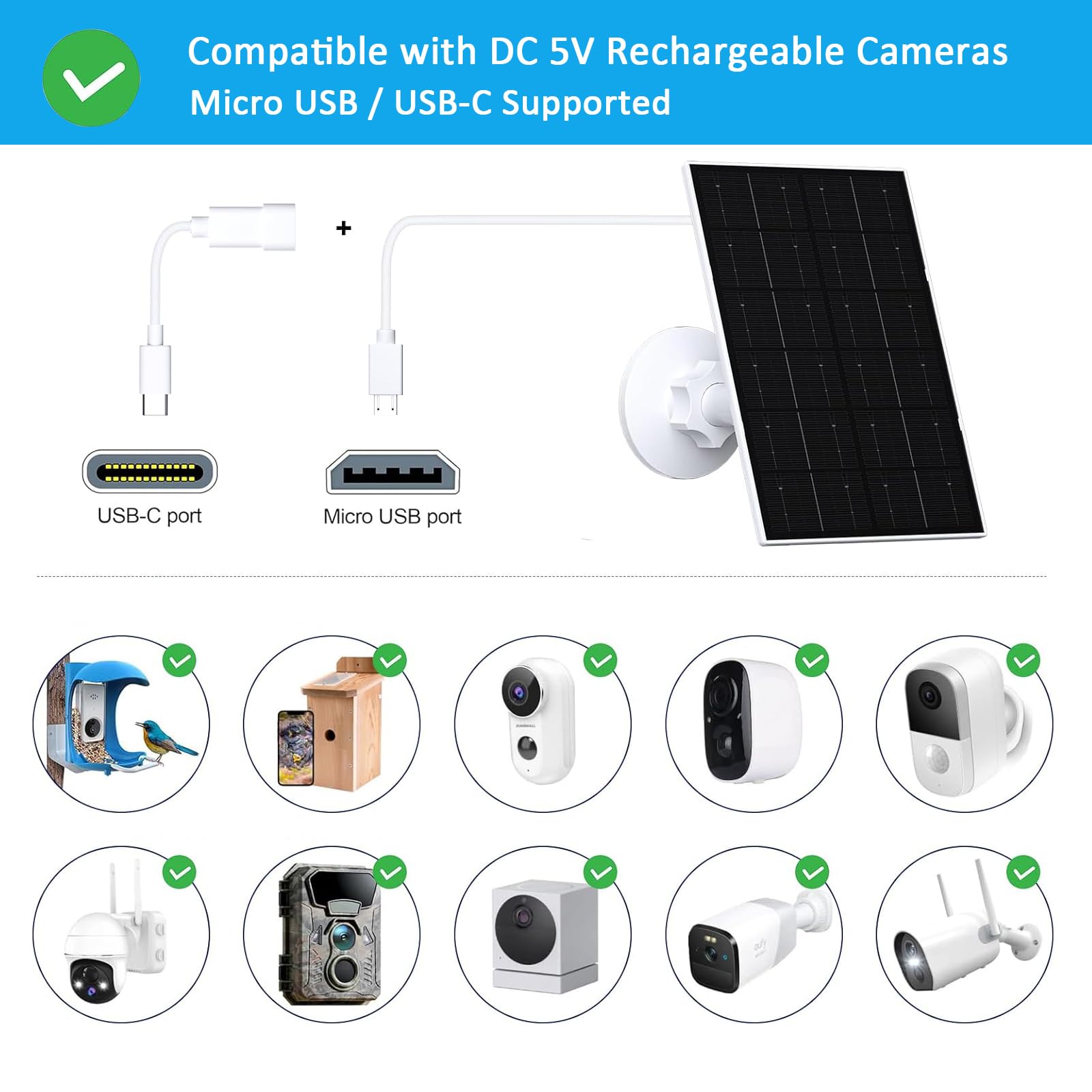 Pannello solare da 4 W per telecamera di sicurezza, pannello solare con porta micro USB e USB-C per fotocamera di sicurezza a batteria ricaricabile, caricatore per pannello solare con supporto