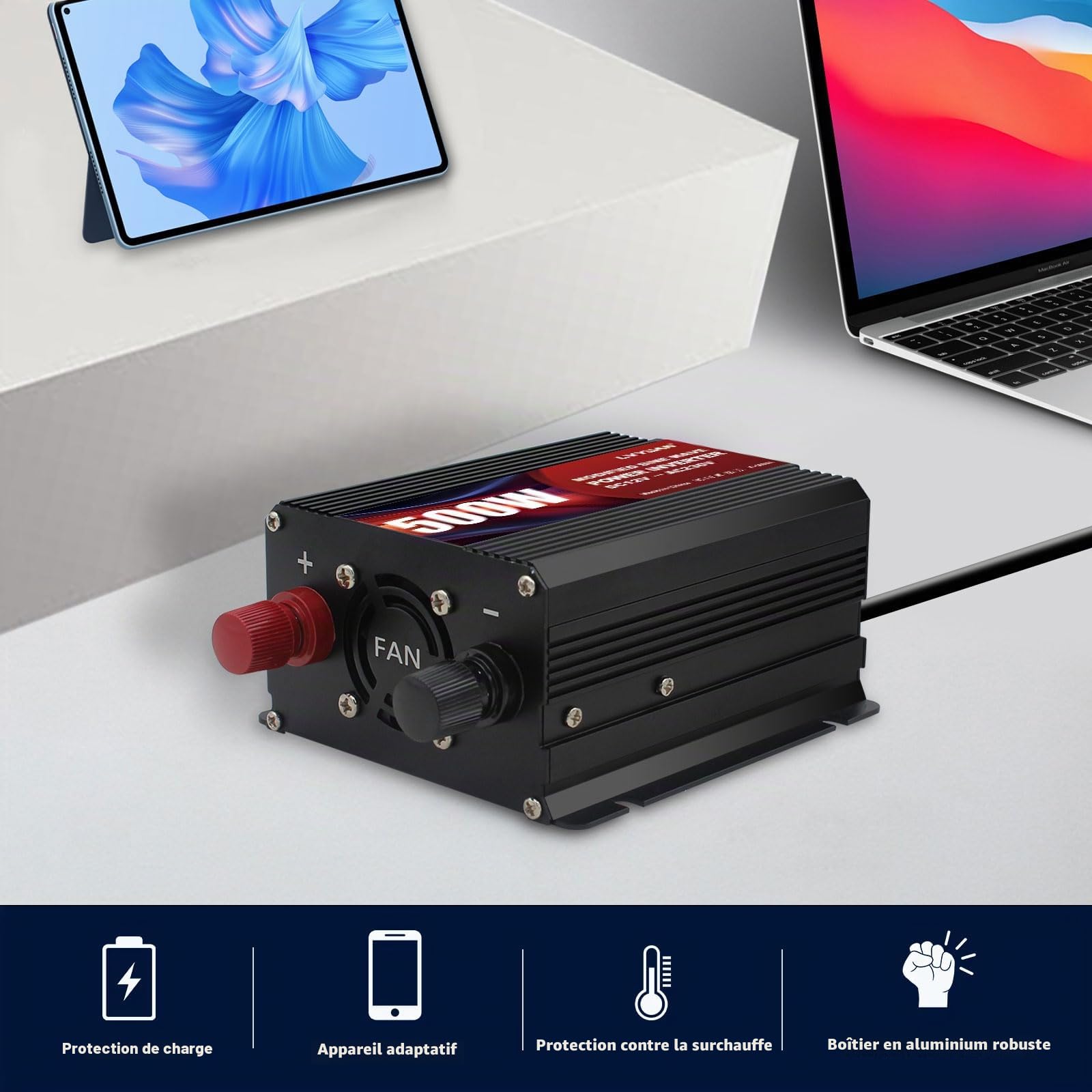 LVYUAN Convertisseur 12V 220V 500W Convertisseur de Tension, Onduleur avec Double Connexion USB et Prises EU, Inverter