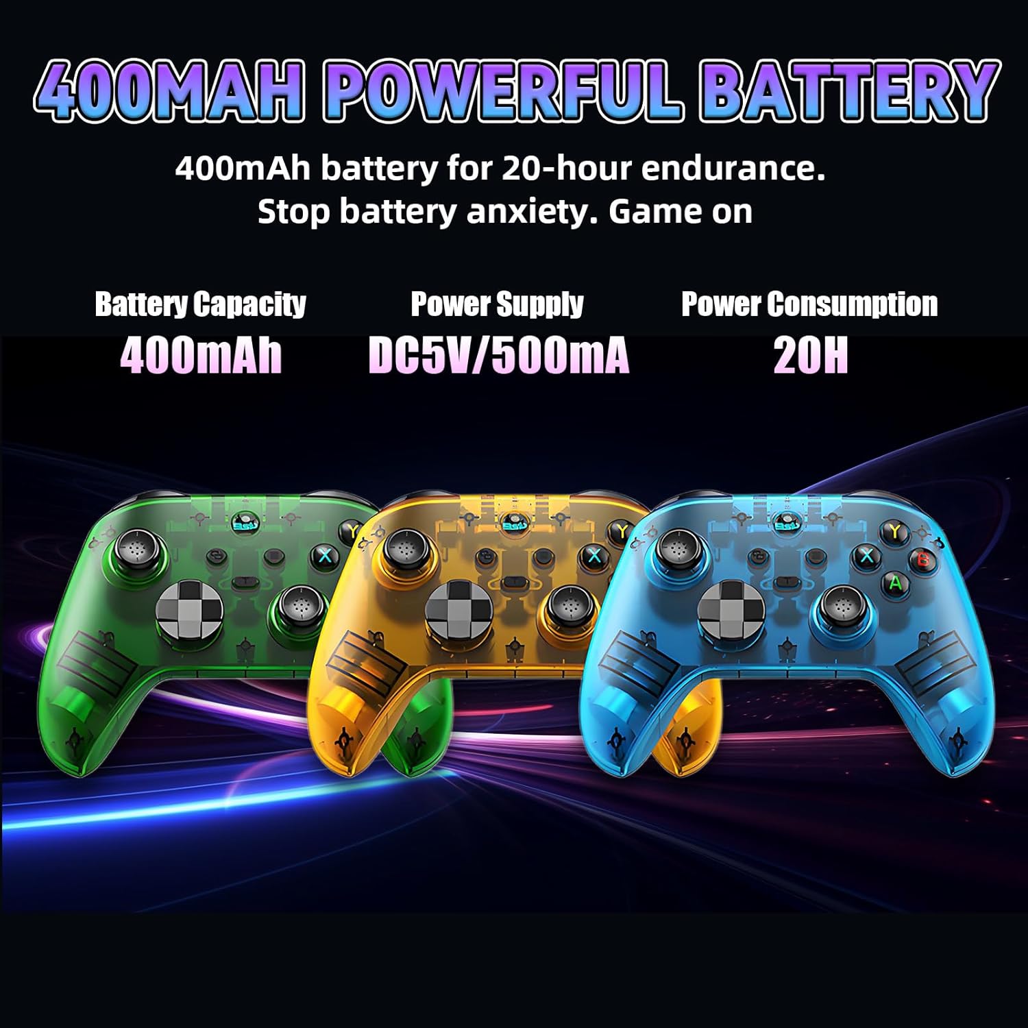 Diagram showing 400mAh battery capacity, DC5V/500mA power supply, and 20 hours of power consumption