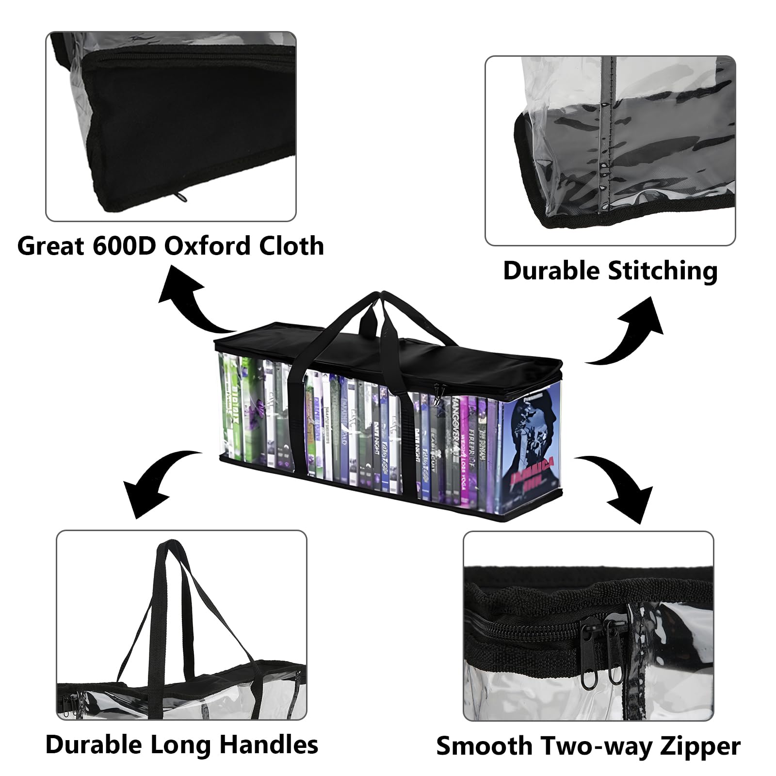 61x14x22cm Sacs de Rangement en Tissu Oxford PVC, Étui Transparent Grande Capacité avec Poignées Renforcées, Organisateur Portable pour Transport CD DVD Jeux Vidéo Livres Albums