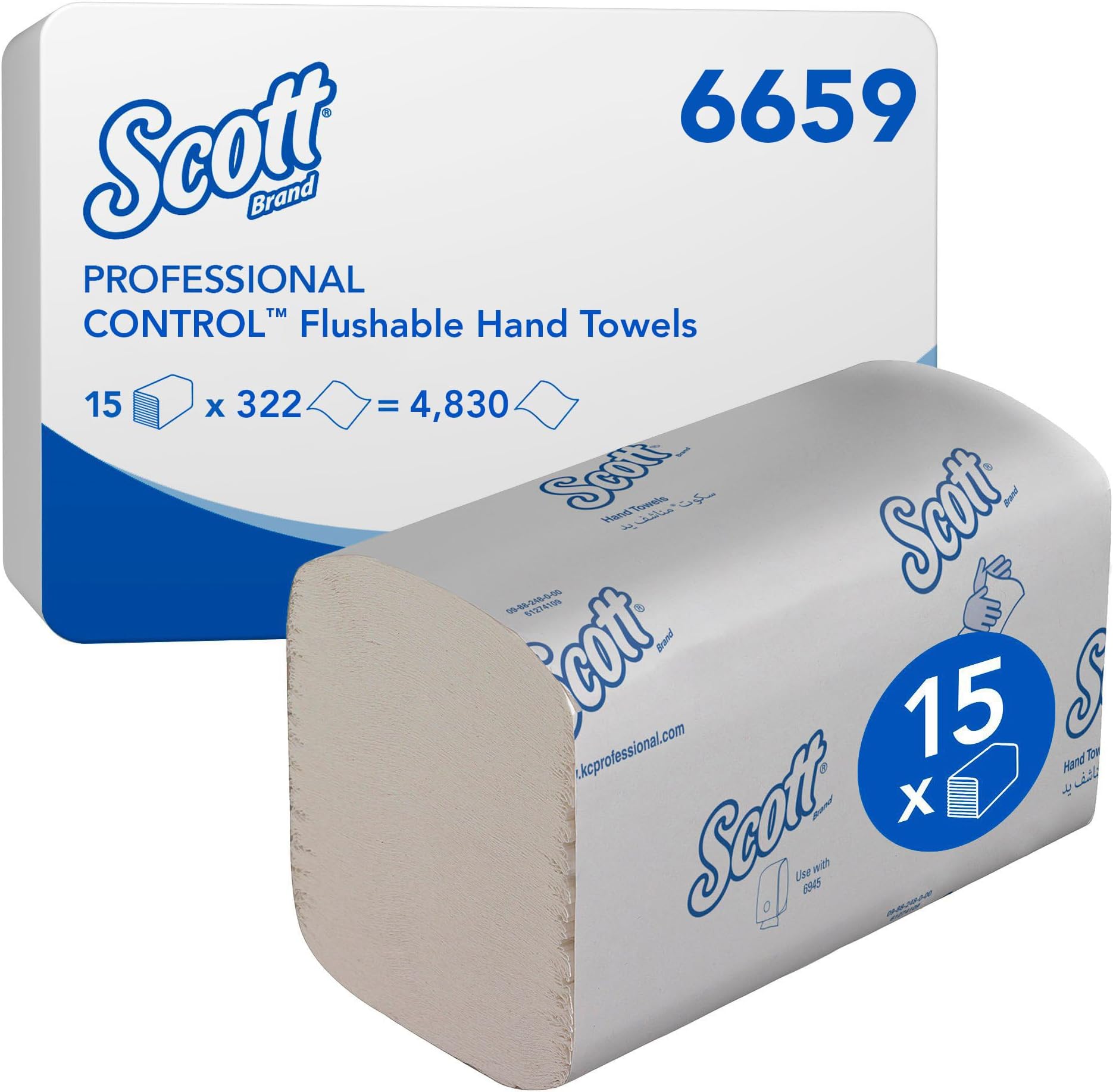 Control™ Flushable Hand Towels 6659, White 1-Ply Folded Paper Towels with Safe Flush & Airflex™ Technology, FSC® & Ecolabel Certified, 15 Packs x 322 Sheets (4,830 Total)