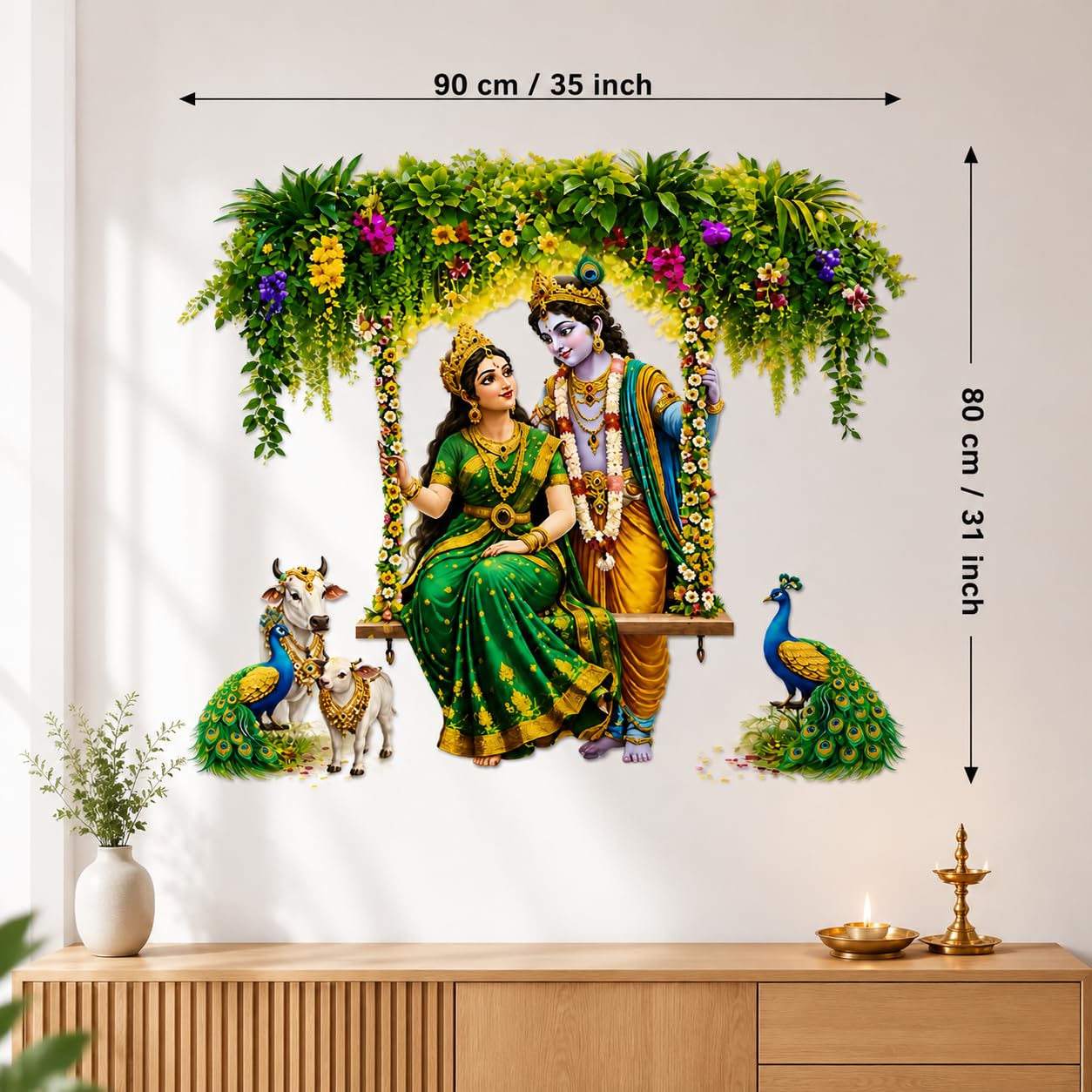 SatnamEncase Radha Krishna Jhula Wall Sticker 90x80 cm I Lord Krishna Radha Swing PVC Vinyl Wall Decal I Waterproof Self Adhesive Pooja Room Living Room Decor 1