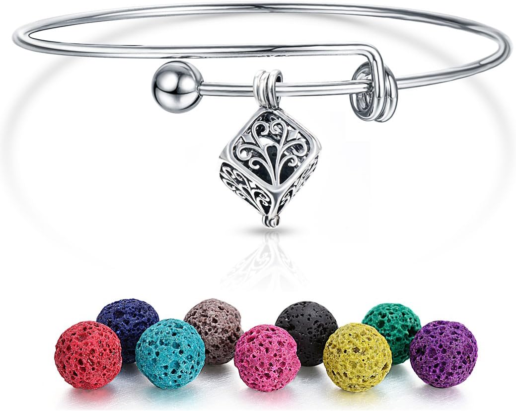 [UPGRADED] Aromatherapy Essential Oil Diffuser Bracelet - Hollow Tree of Life Cube Pendant with Expandable Wire Bangle Bracelet