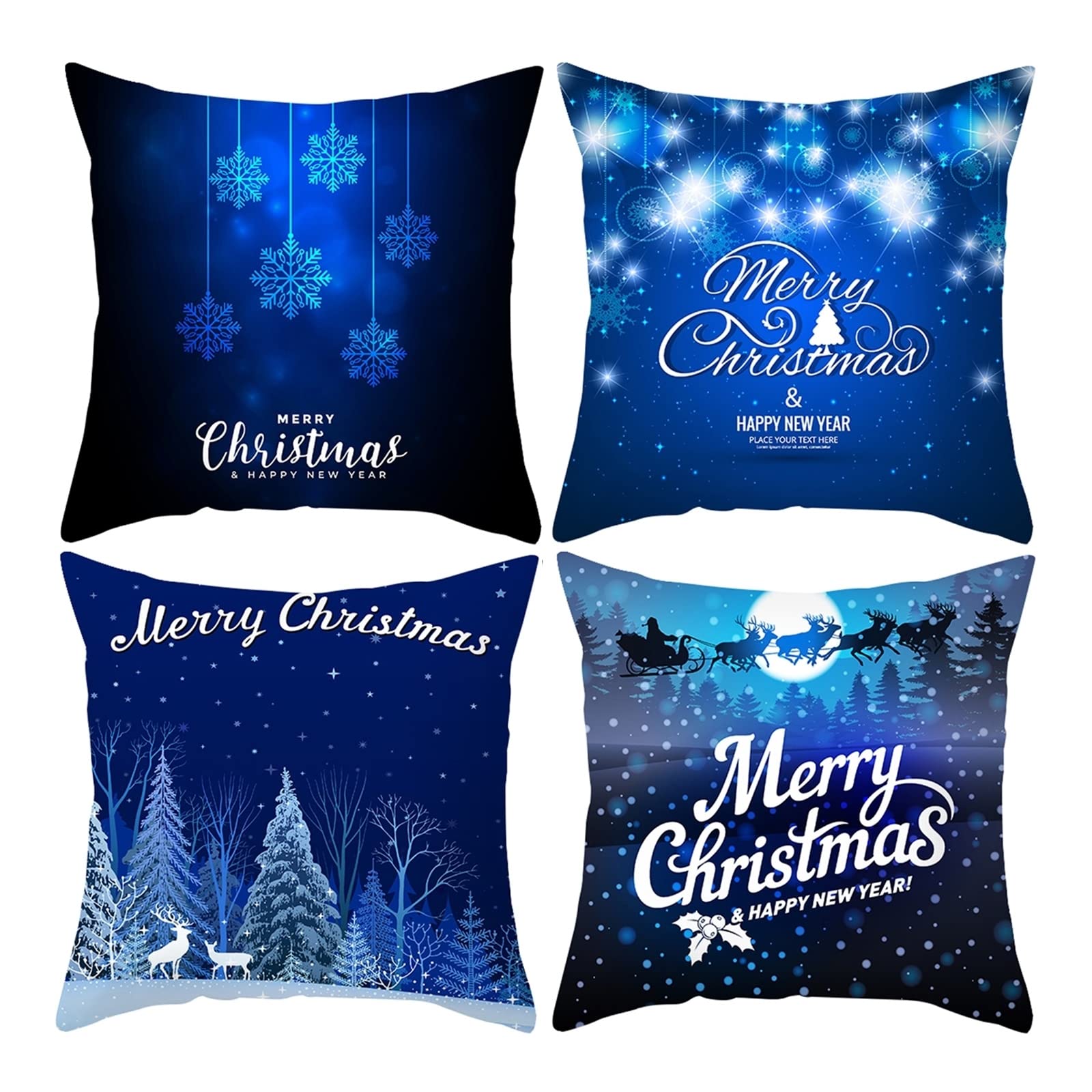 Miaikoe Set di 4 federe per cuscino natalizio, 50 x 50 cm, motivo albero di Natale, blu e nero, decorazione invernale per divano