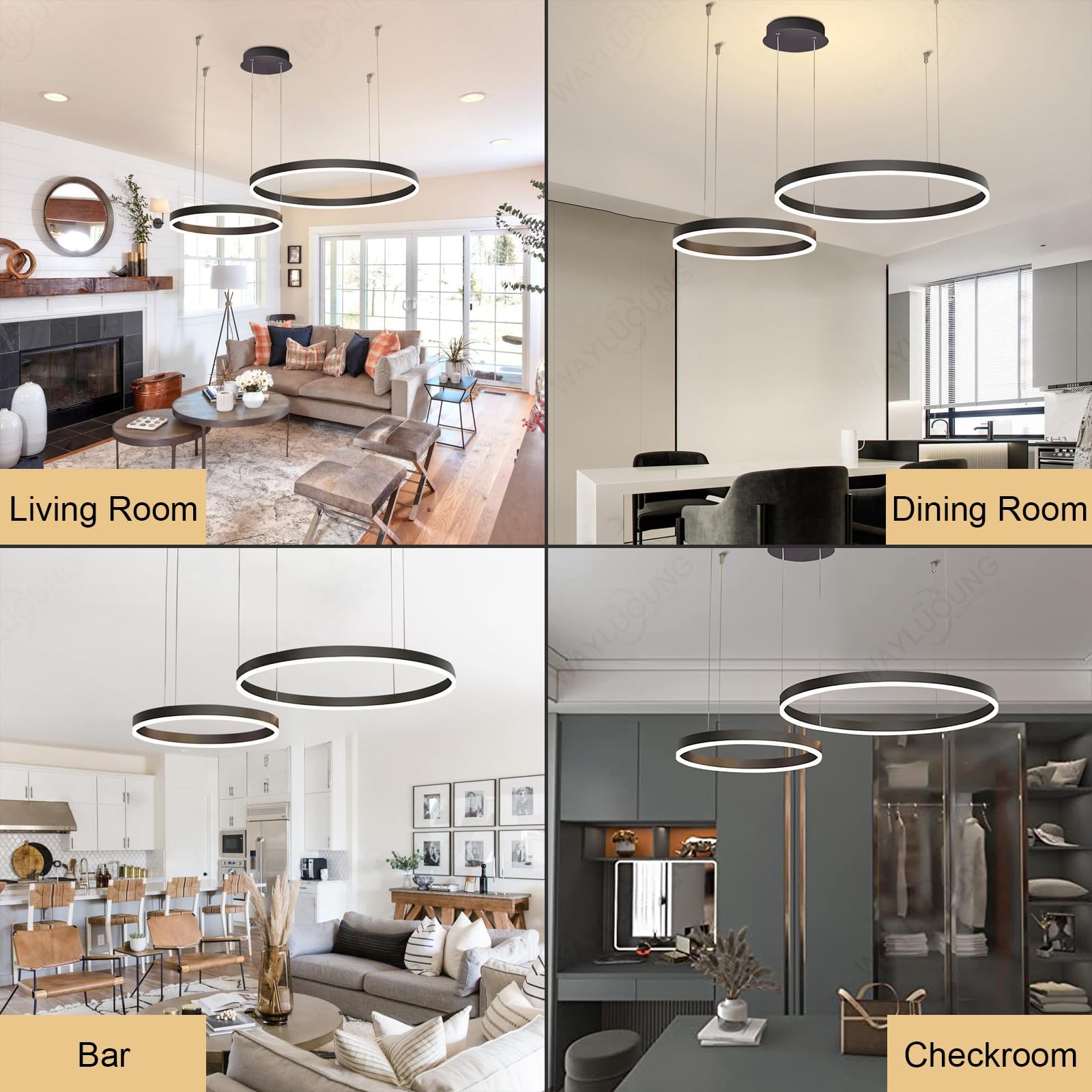 LED Żyrandol Metalowy | 2 Koła 40+60cm | 40W Lampa Wisząca Sufitowa Pierścieniami, Pilot Możliwością ściemniania 3000-6000K Lampa Wisząca Akrylowym Kloszem Sypialnia Przedpokój Czarny