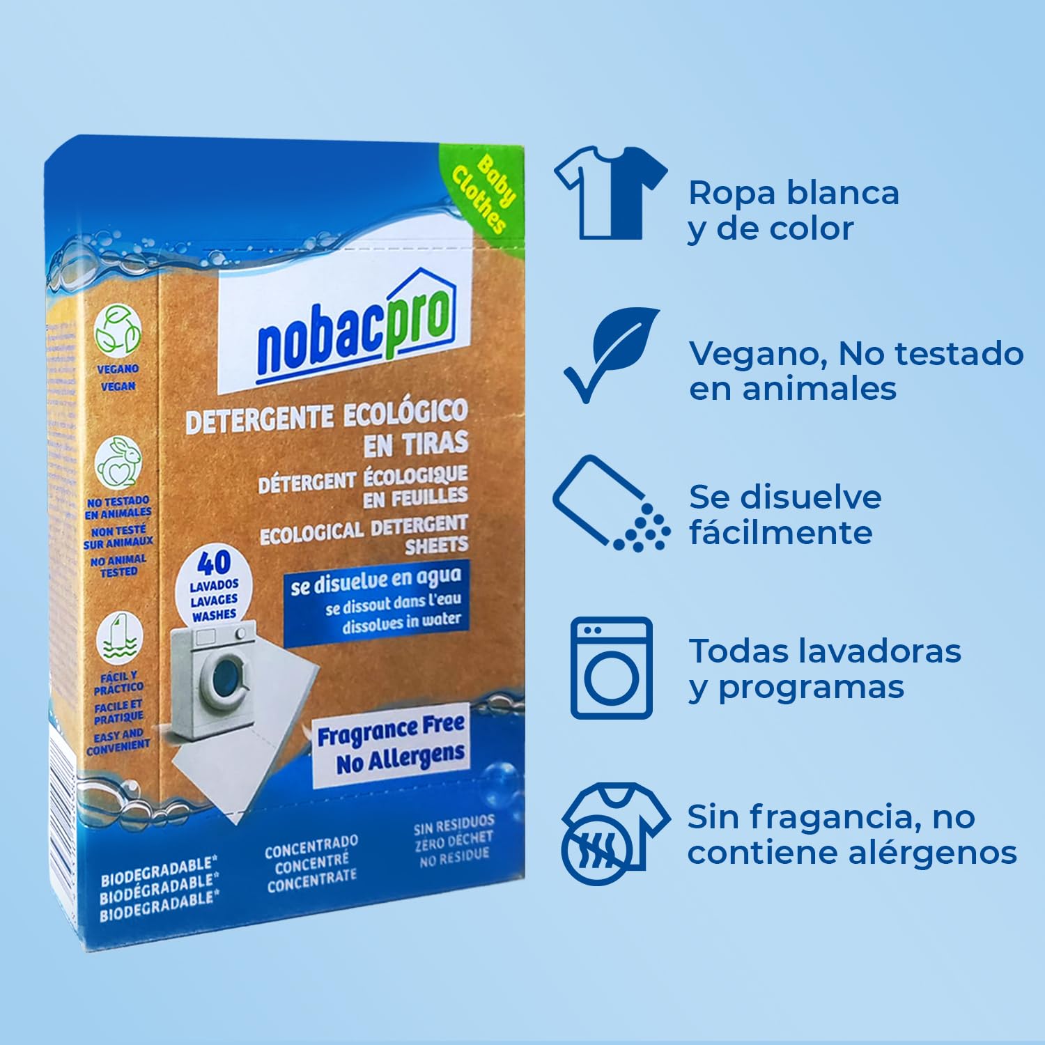 Detergente en Tiras para Lavadora | Hasta 400 Lavados - 200 Tiras | Olor Free Fragance | 100% Ecológico | Hipoalergénico y vegano | No contiene plásticos | Fabricado en España | Sin Plásticos, Hipoalergénico y Vegano, Sin Fosfatos ni Parabenos, Fabricado