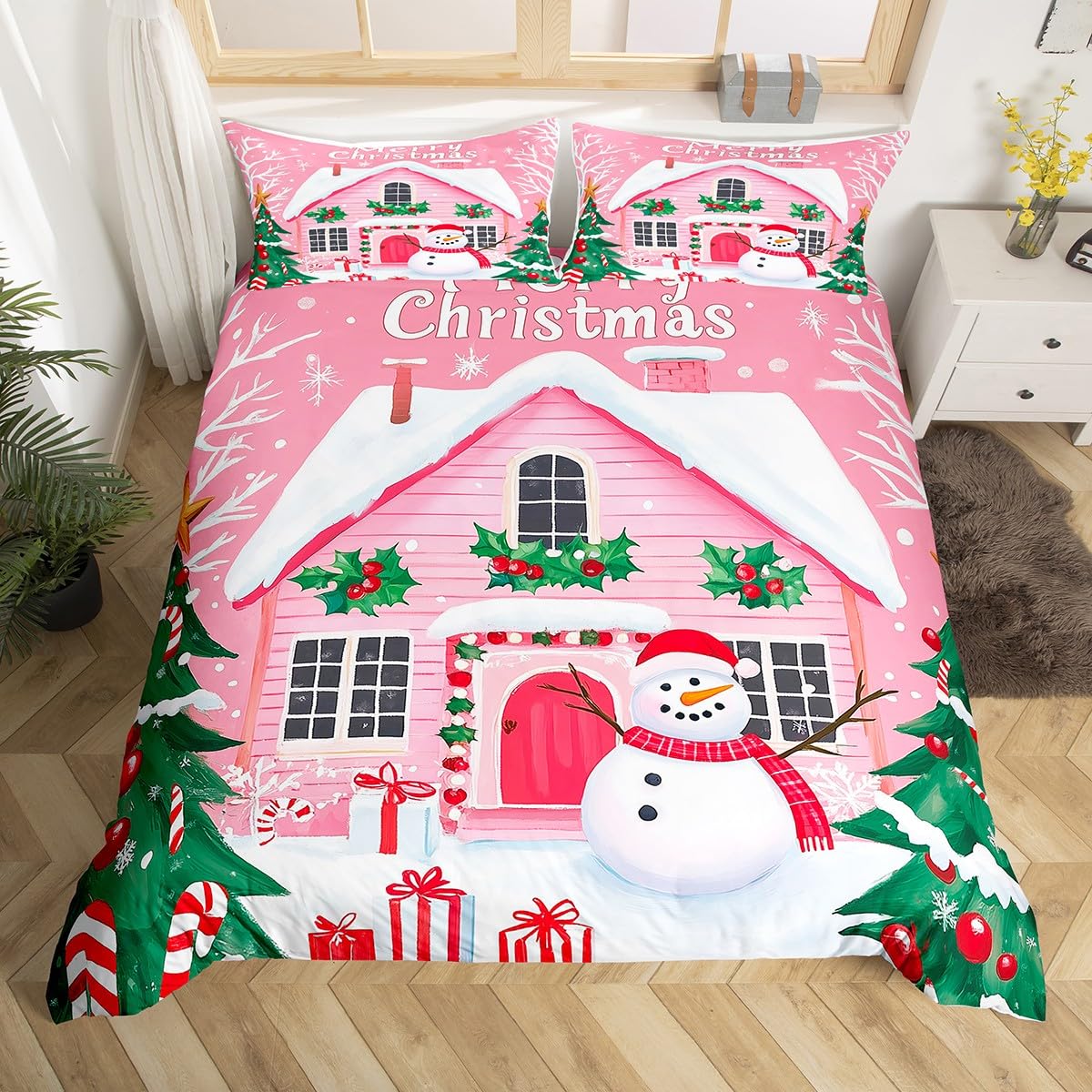 Homewish Różowy świąteczny domek zestawy pościeli king size Merry Christmas poszewka na kołdrę kreskówka Święty Mikołaj poszewka na kołdrę dla dzieci dziewcząt nastolatków kobiet, zielony zestaw łóżek