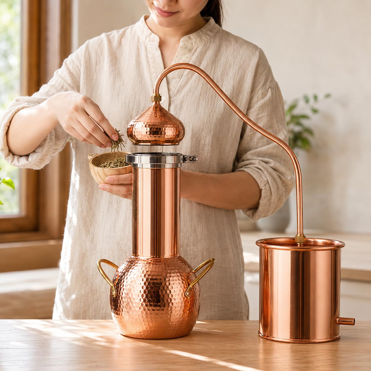 Kit de alambique de cobre para destilación doméstica, 2 L con termómetro para aceites esenciales y producción de whisky