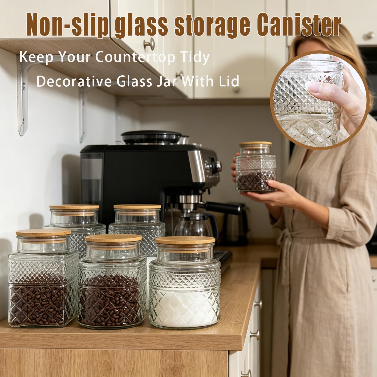 Vintage-Glasdose mit Deckel, Holzlöffel, 2 Stück, dekorative Glas-Vorratsdosen, luftdichte Deckel, transparenter Behälter für Lebensmittel, Süßigkeiten, Kekse, Zucker, Kaffee, Bohnen, Tee, Nüsse