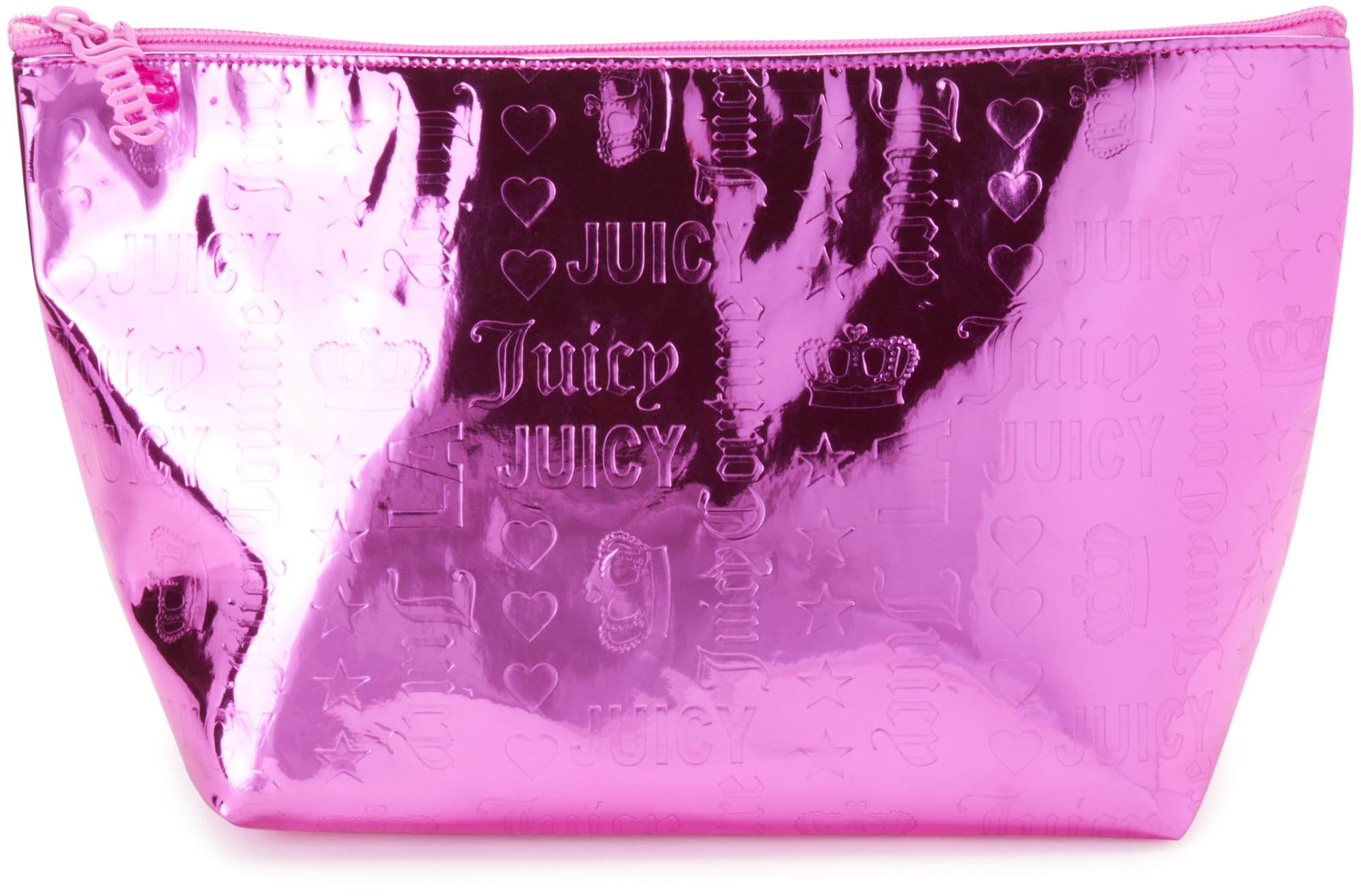 Juicy Couture Hot Pink Makeup Bag Cosmetics Organizer Travel Essentials Zip Top Wedge Shiny Crown