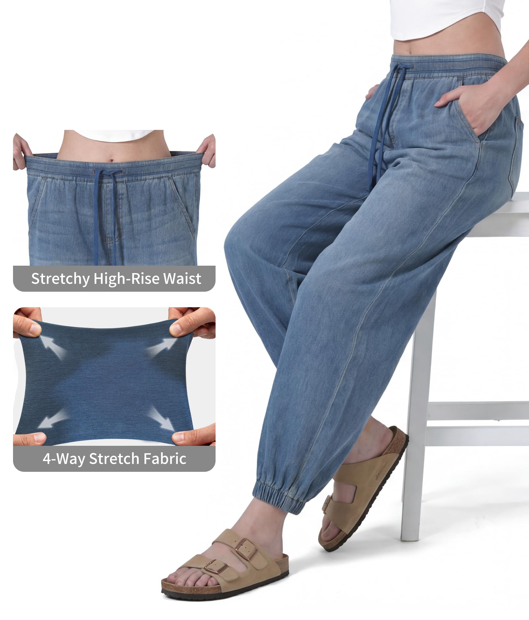 LaiEr Jogger in Denim Donna,Vita Media,Vita Elastica con Coulisse,vestibilità Conica,Stile Casual Confortevole, Jeans Morbido ed Elastico,Adatto per Sport e Yoga,Capo alla Moda per Uso Quotidiano