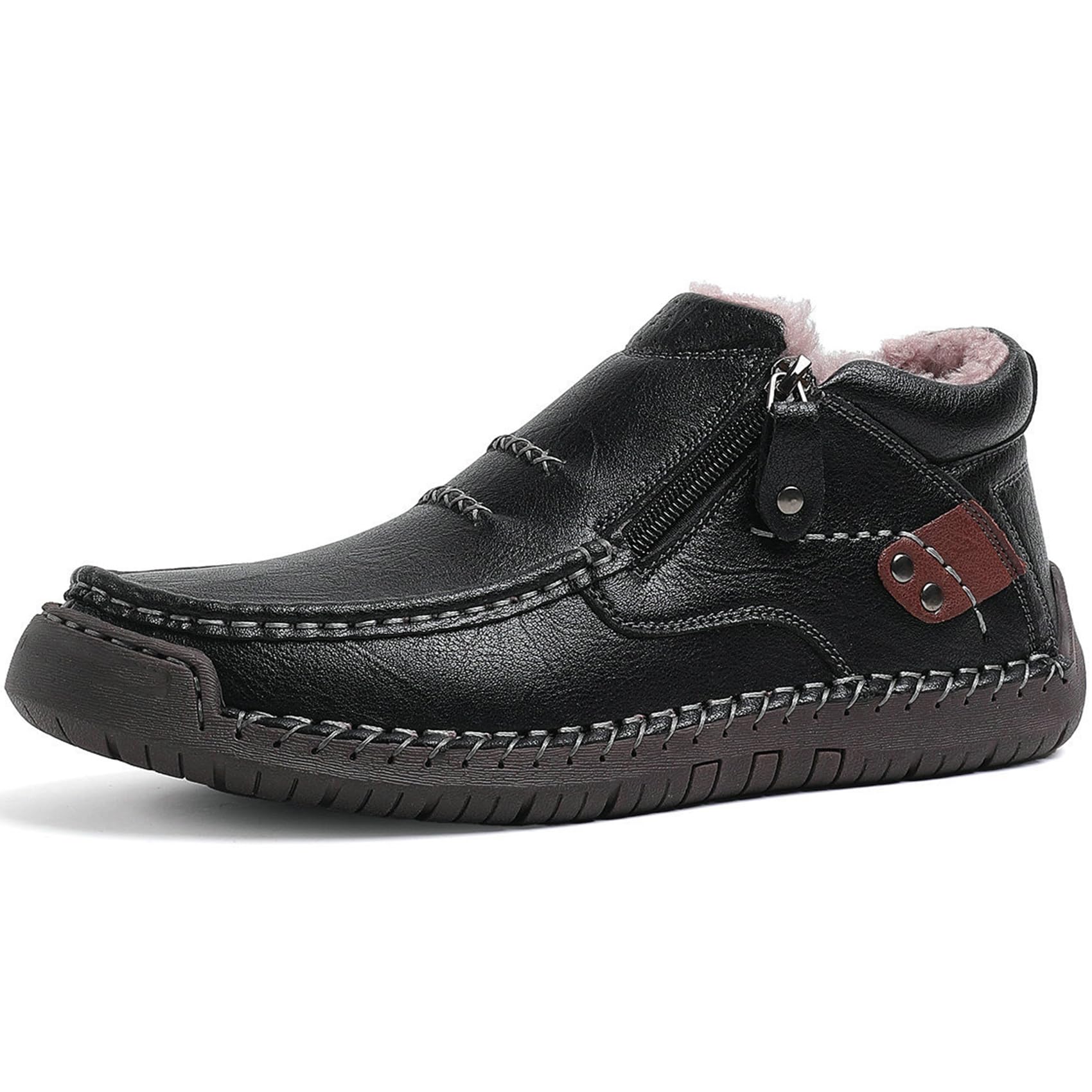 Mens Winter Fleece-lined Boots Orthopedic Handmade Leather Boots Waterproof Slip-On Driving Shoes Large Size Outdoor Casual Shoes