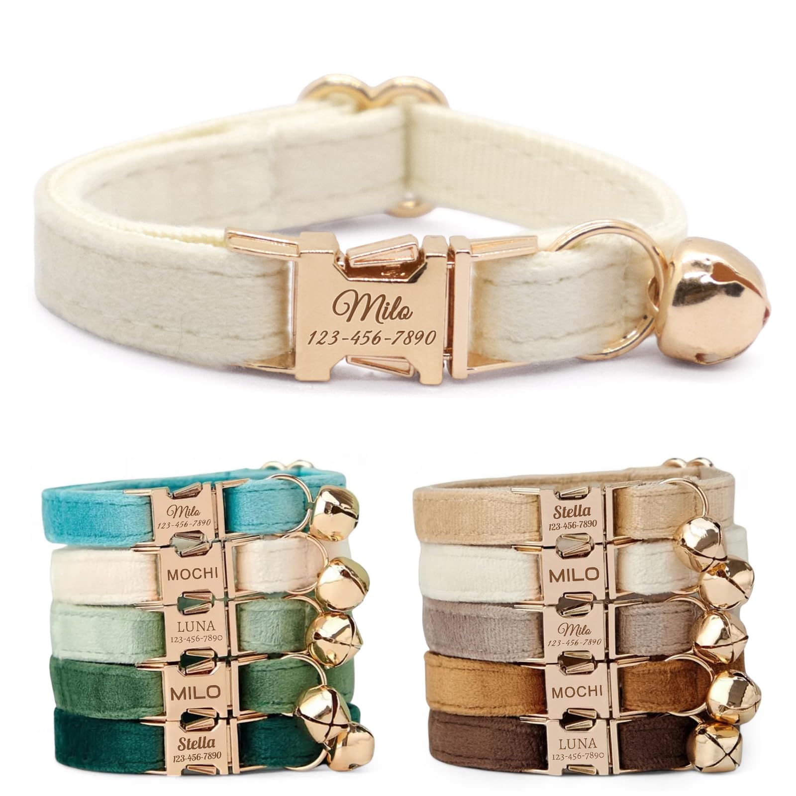 CHRYMPETIC Non-Breakaway Velvet Personalised Cat Collar with Name - Customisable Collar with Bell & Bow Tie Available (Off White)