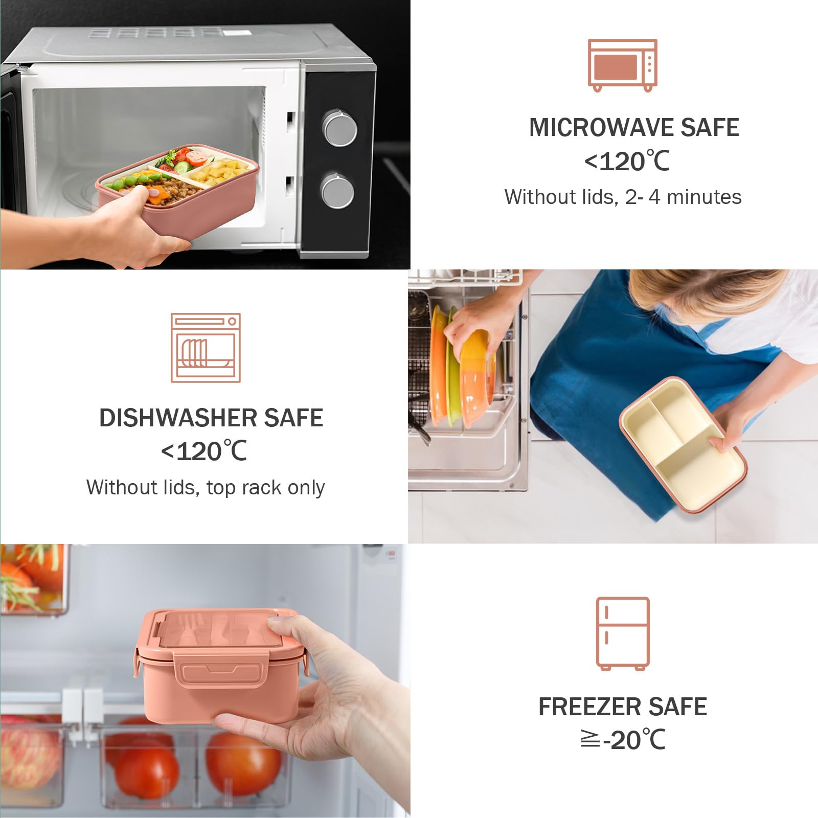 Diboniur Pojemnik na lunch, pudełko na lunch ze sztućcami, 1400 ml, pudełko bento z 3 przegródkami, pojemnik na lunch, biuro, kuchenka mikrofalowa, kolor różowy