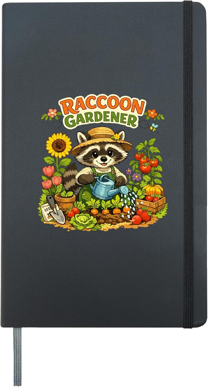 Raccoon Gardener Funny Gardening Vegetable Garden Hardcover Journal, Black