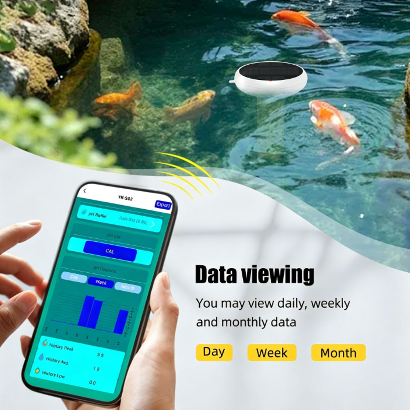 Testeur d'eau de piscine, testeur solaire flottant intelligent 7 en 1 avec exportation de données et alarme pour piscines, jacuzzi et spas