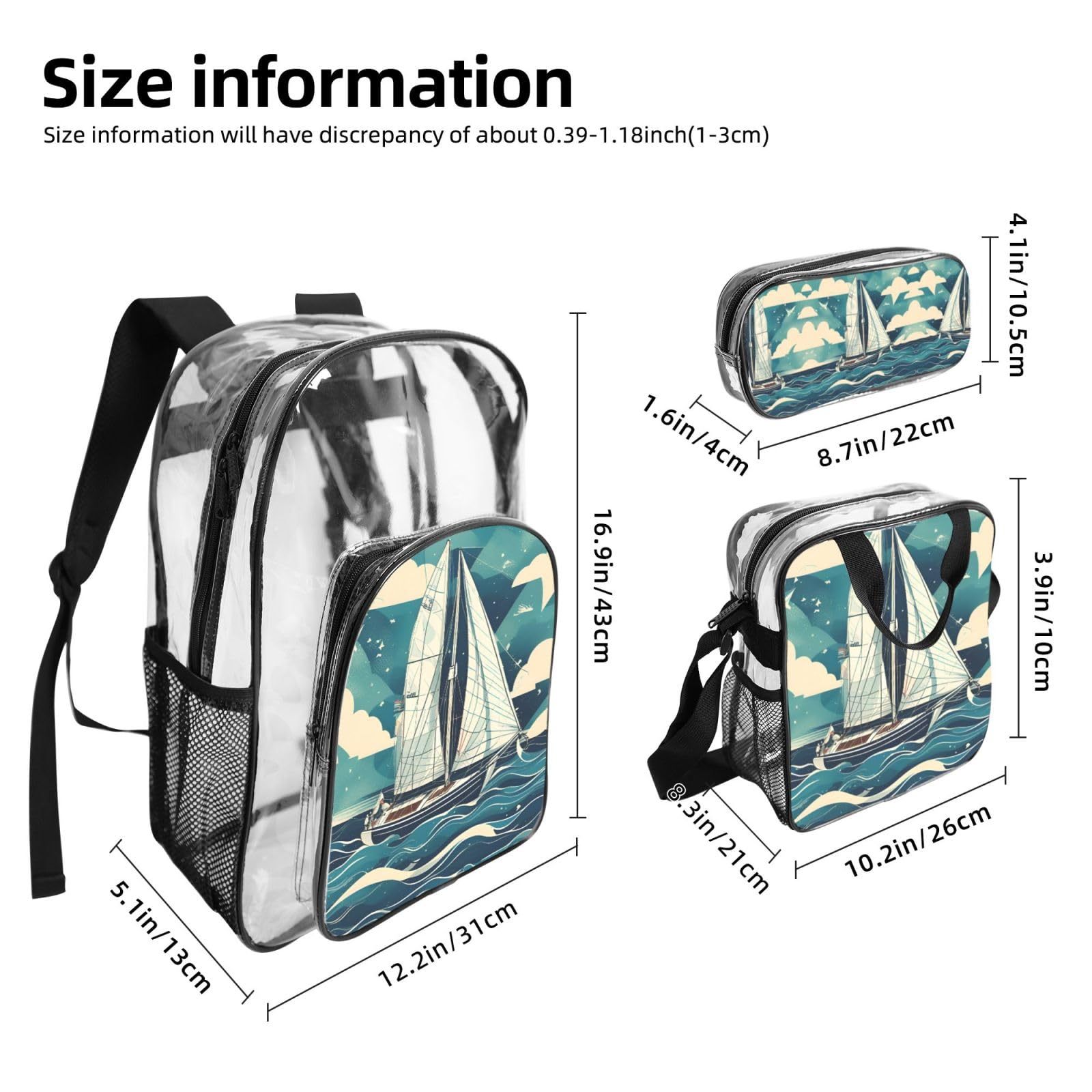 Ocean Sailboat Zaino Stampato Set 3 in 1 Trasparente Borsa Set Per Scuola Lavoro Stadio Eventi E Trasporto quotidiano