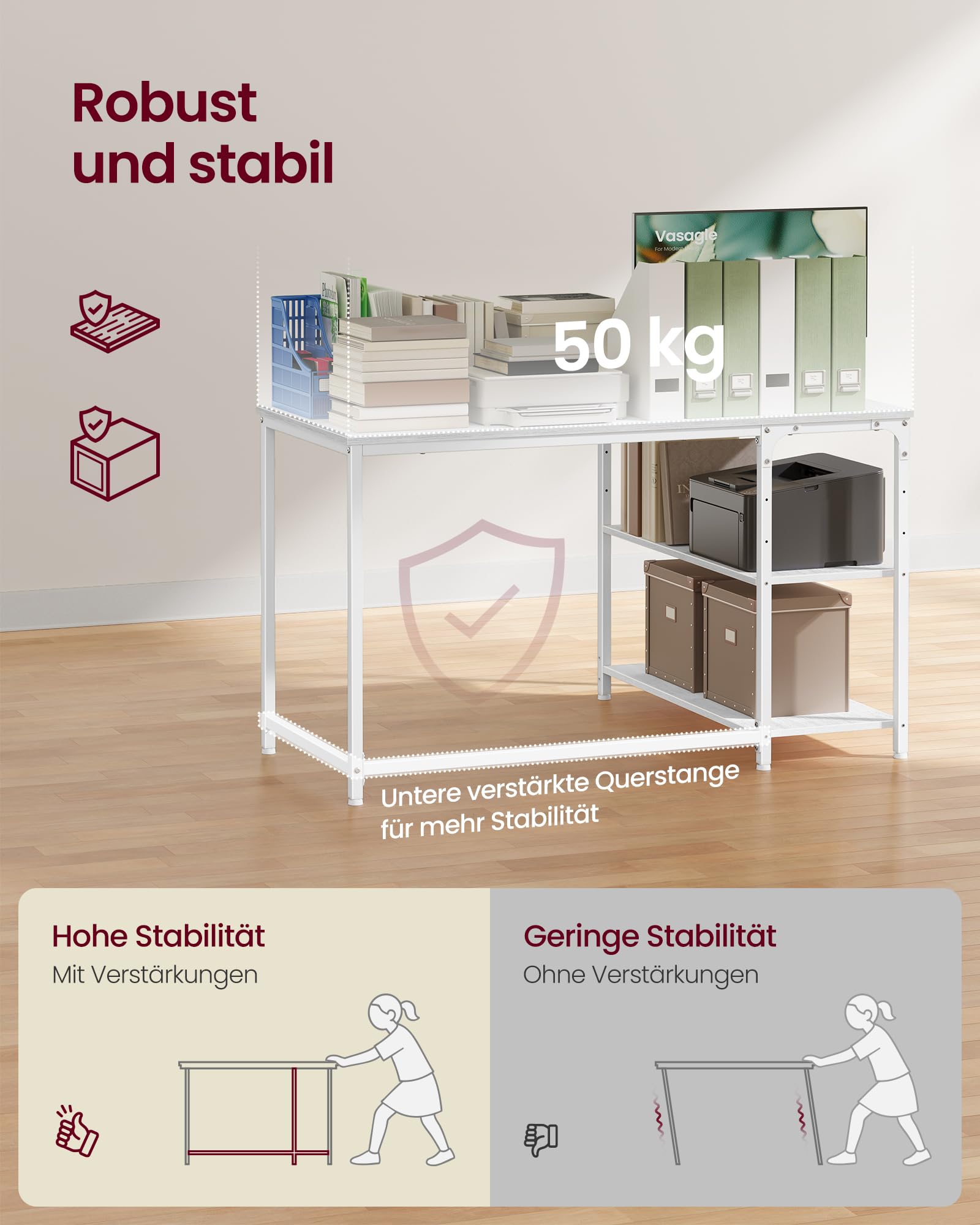 VASAGLE Eckschreibtisch in L-Form, Computertisch mit Stauraum, Bürotisch, höhenverstellbare Ablage, für Homeoffice, 110 x 80 cm, ahornweiß LWD135WF01