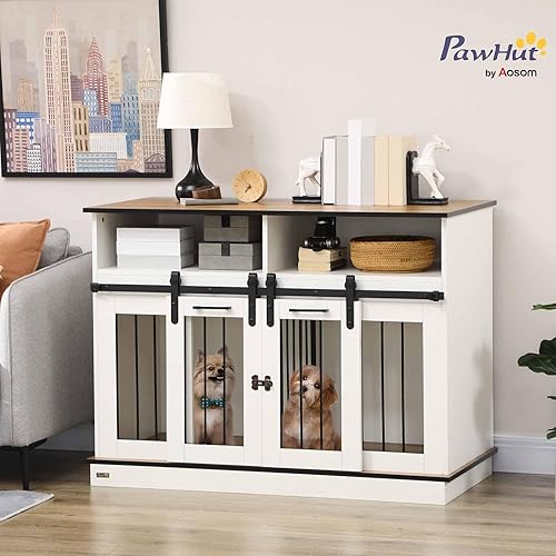 Miniatura 2 de PawHut Mueble de jaula para perros grandes, perrera doble para perros pequeños con estantes, puertas correderas, 47 x 23.5 x 35 pulgadas, blanco