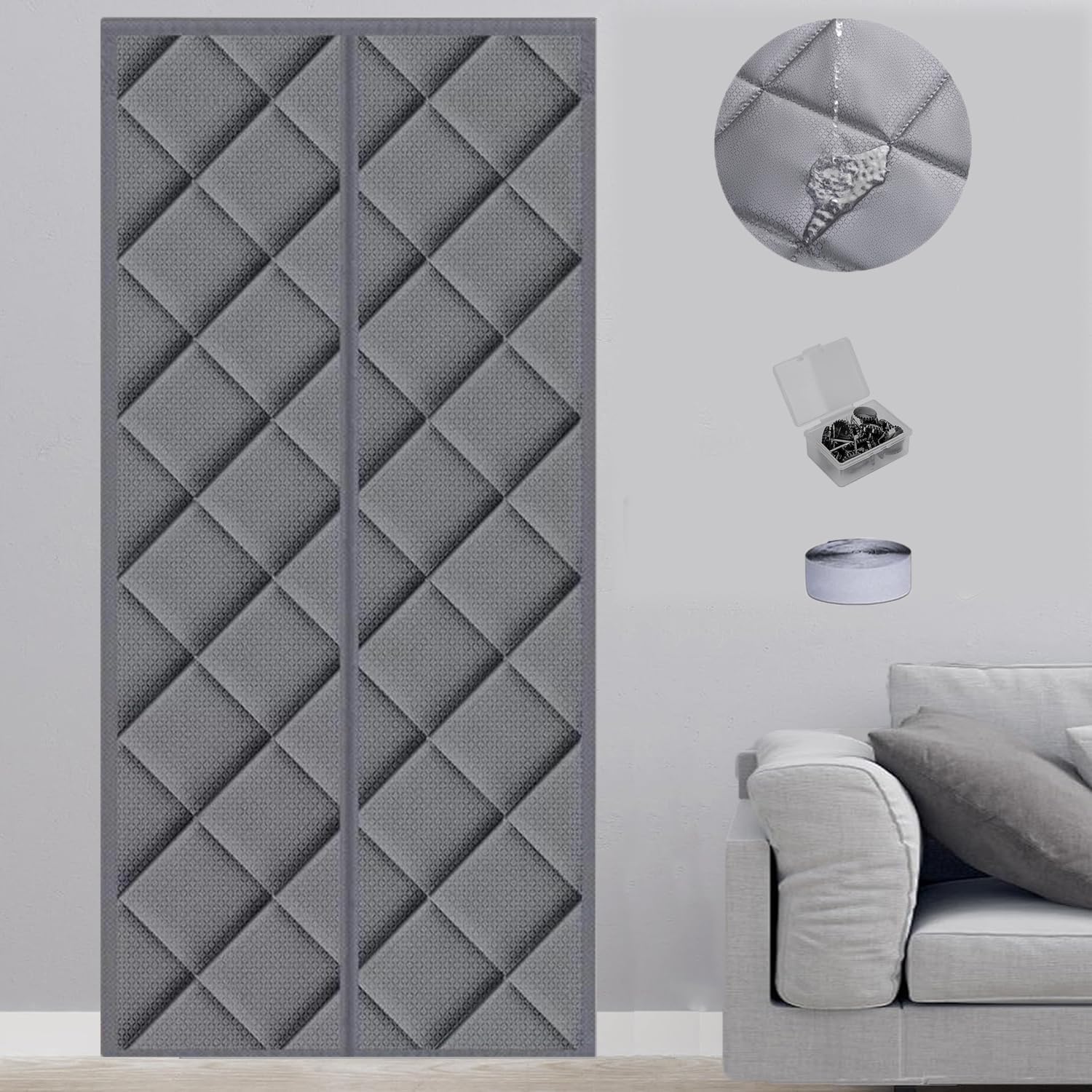 Kebinmaoyi Grey Magnetic Thermal Insulated Door Curtain, Windproof Keep Warm Curtain Thermal For Winter, Polyester Cotton Door For Bedroom,Kitchen, Balcony,80X210cm,(31"X83")