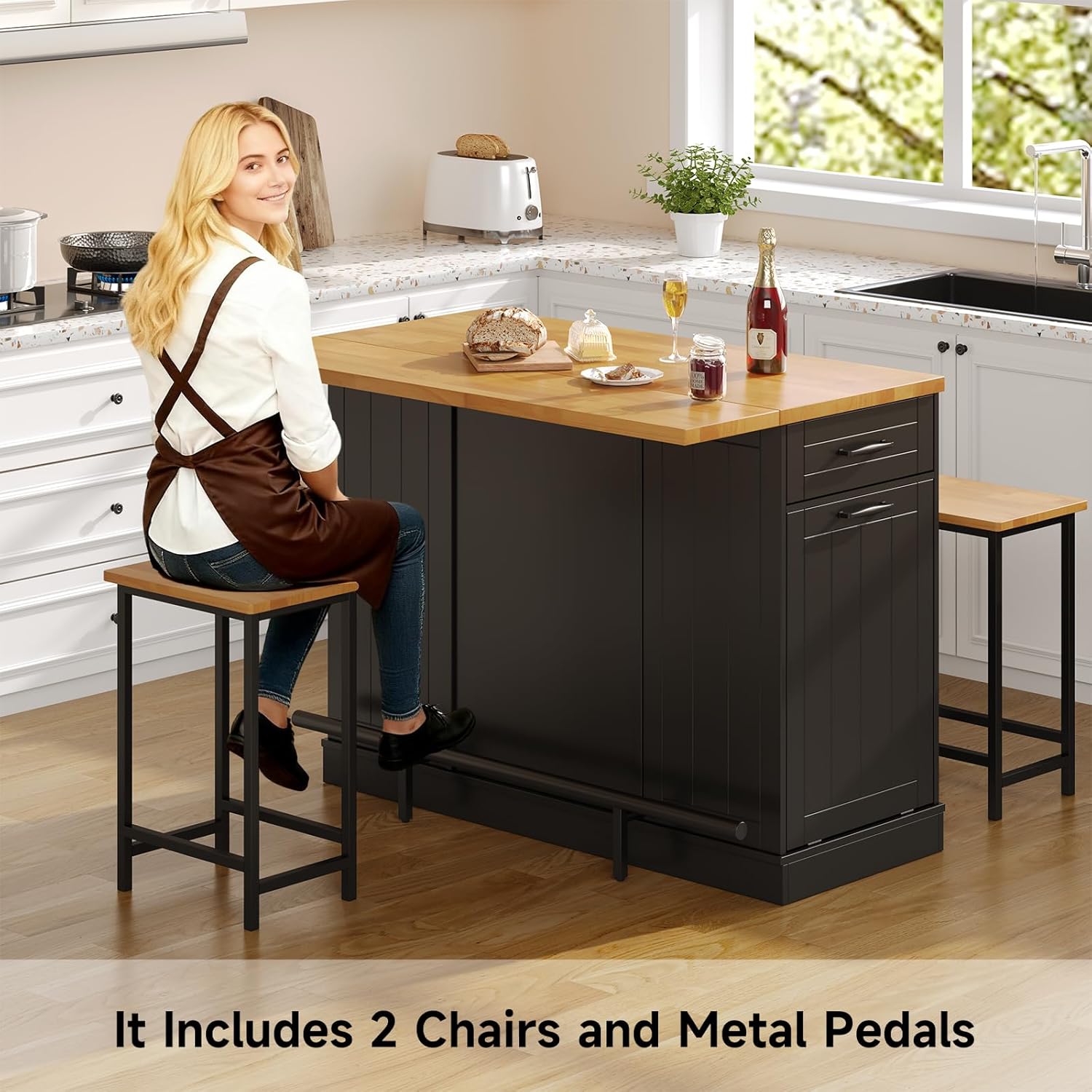 47" Kitchen Island with Seating, Stationary Island Table with Storage Include 2 Chairs, Kitchen Islands with Drop Leaf, Dining Table with Trash Cabinet & Power Outlet & Spice Rack, Black