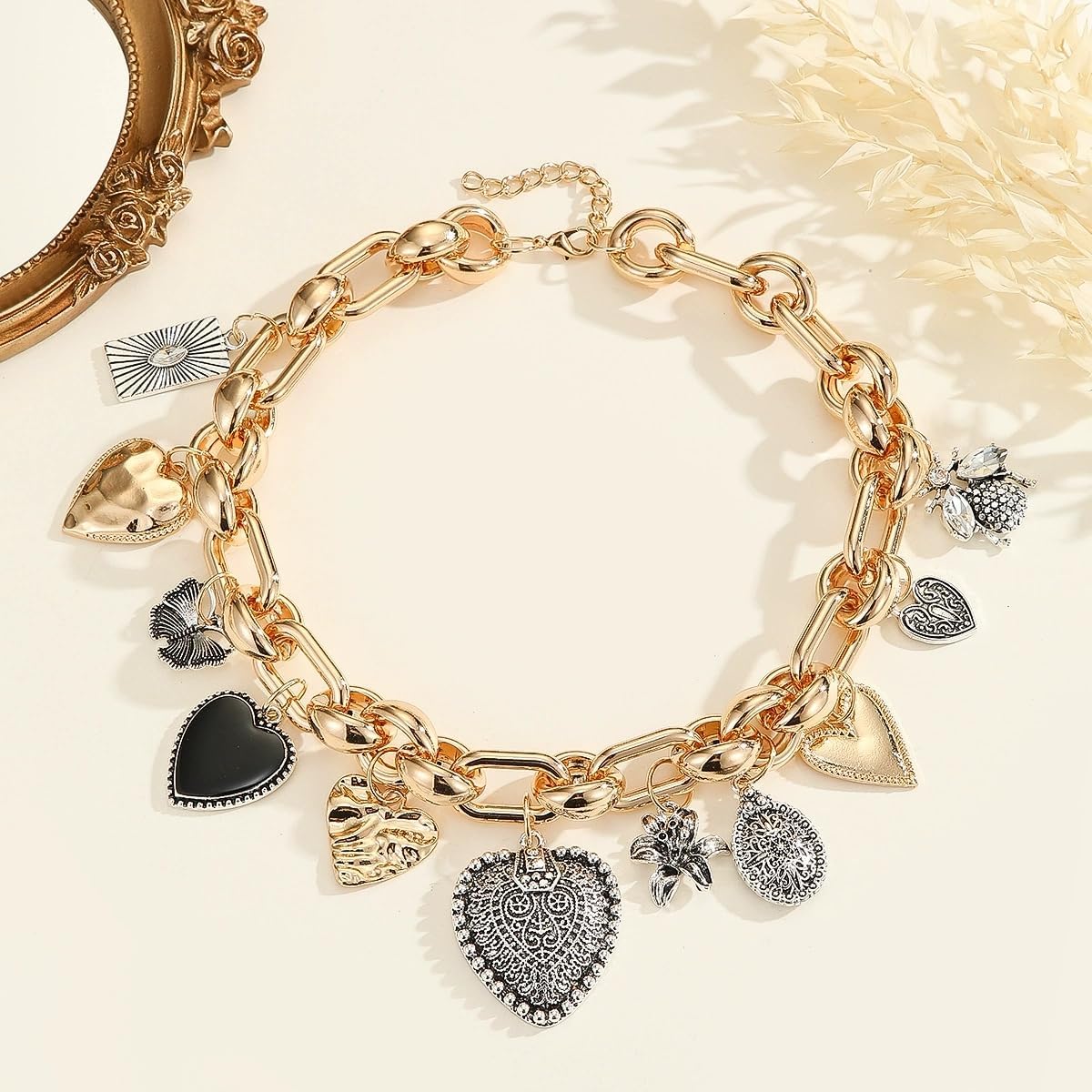 LUREME Vintage Chunky Chain Choker Necklace – Zircon & Crystal Heart/Butterfly/Flower Charm Necklace for Women (nl006365) - Image 6