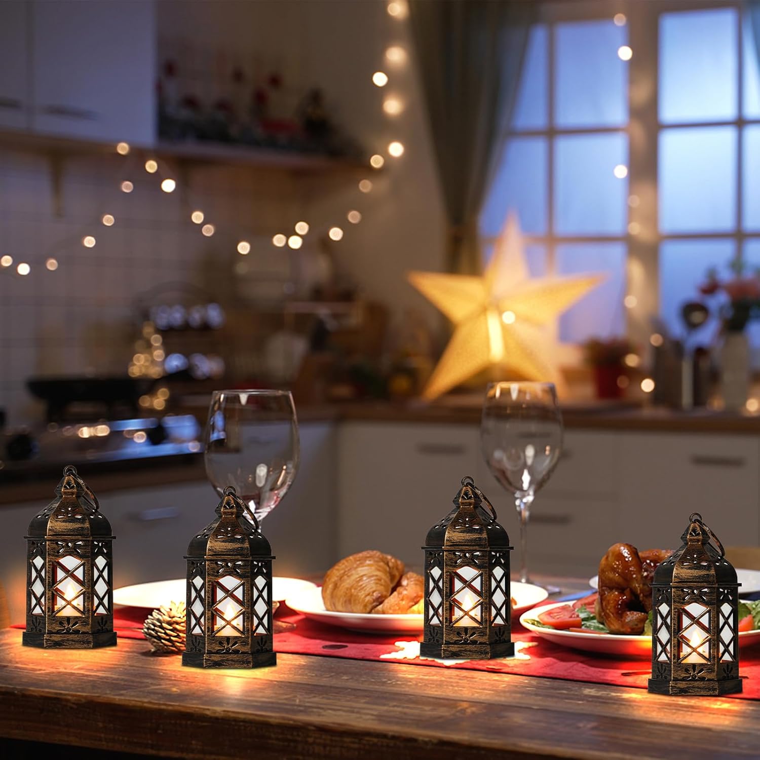 Mini Lantern Decorative, 12Pcs Small Lanterns with LED Candle, Ramadan Decorations, Hanging Vintage Moroccan Lantern Bulk for Easter Wedding Xmas Party Table Centerpiece, Brushed Brass