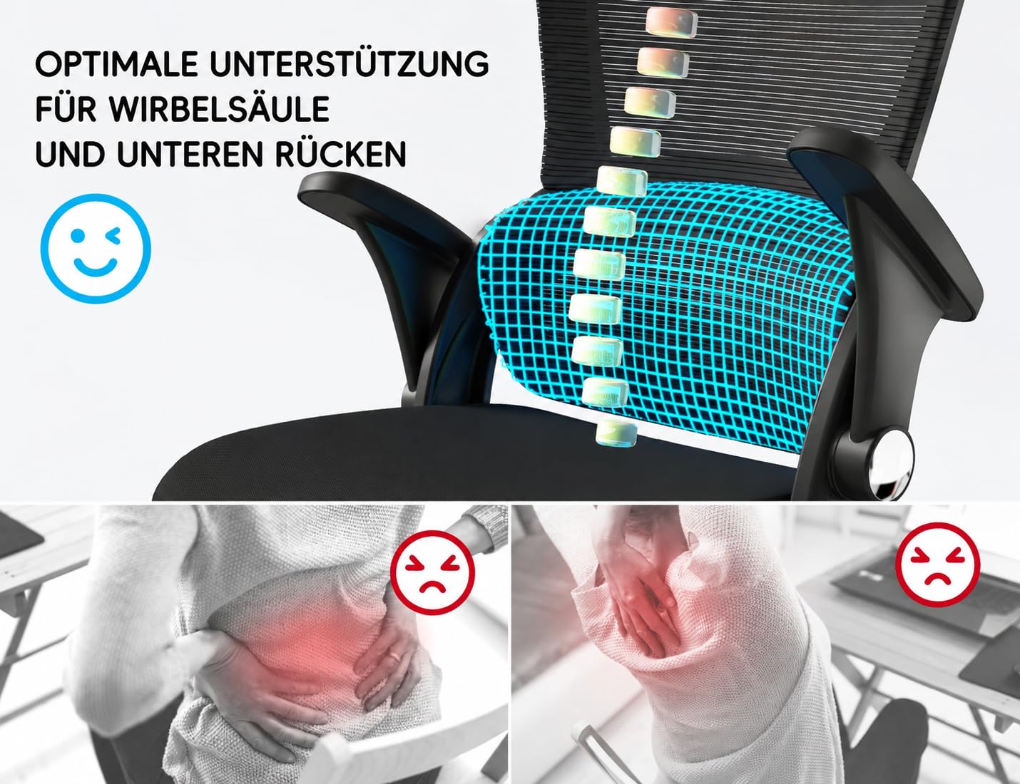 TRALT Ergonomiczne krzesło biurowe, z regulowanym zagłówkiem, krzesło biurowe z regulacją wysokości, krzesło gamingowe, ergonomiczne krzesło biurowe, 150 kg, na długi czas, kolor czarny