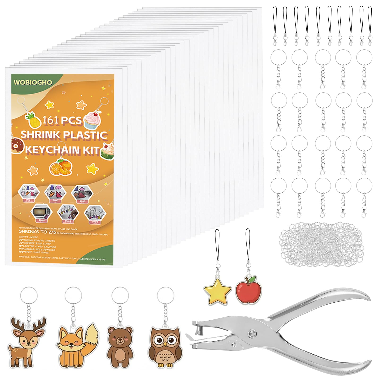 WoBiogHo 161 Pcs Shrink Plastic Keychain Making Kit, 30 Shrink Plastic Sheets 7.9 x 5.7 in, Hole Punch, Lobster Clasps, Jump Rings & Lanyards, DIY Shrink Art Craft Kit for Adults & Teens
