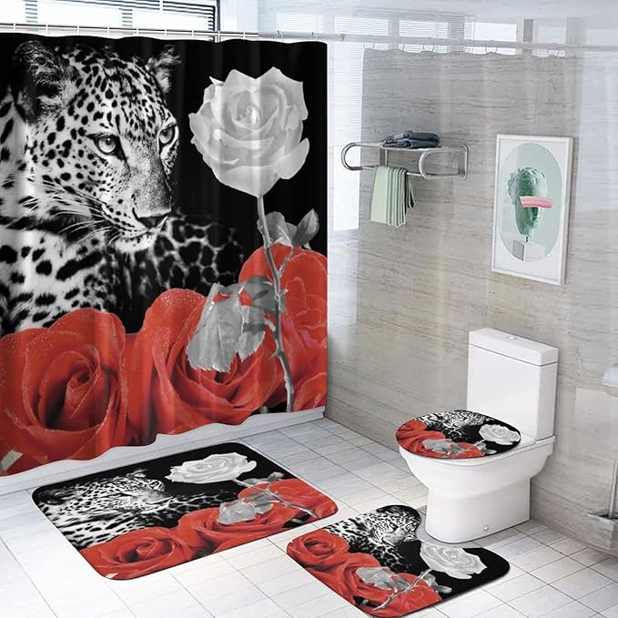 jieprom 4PCS Red Rose and Leopard Shower Curtain Set with