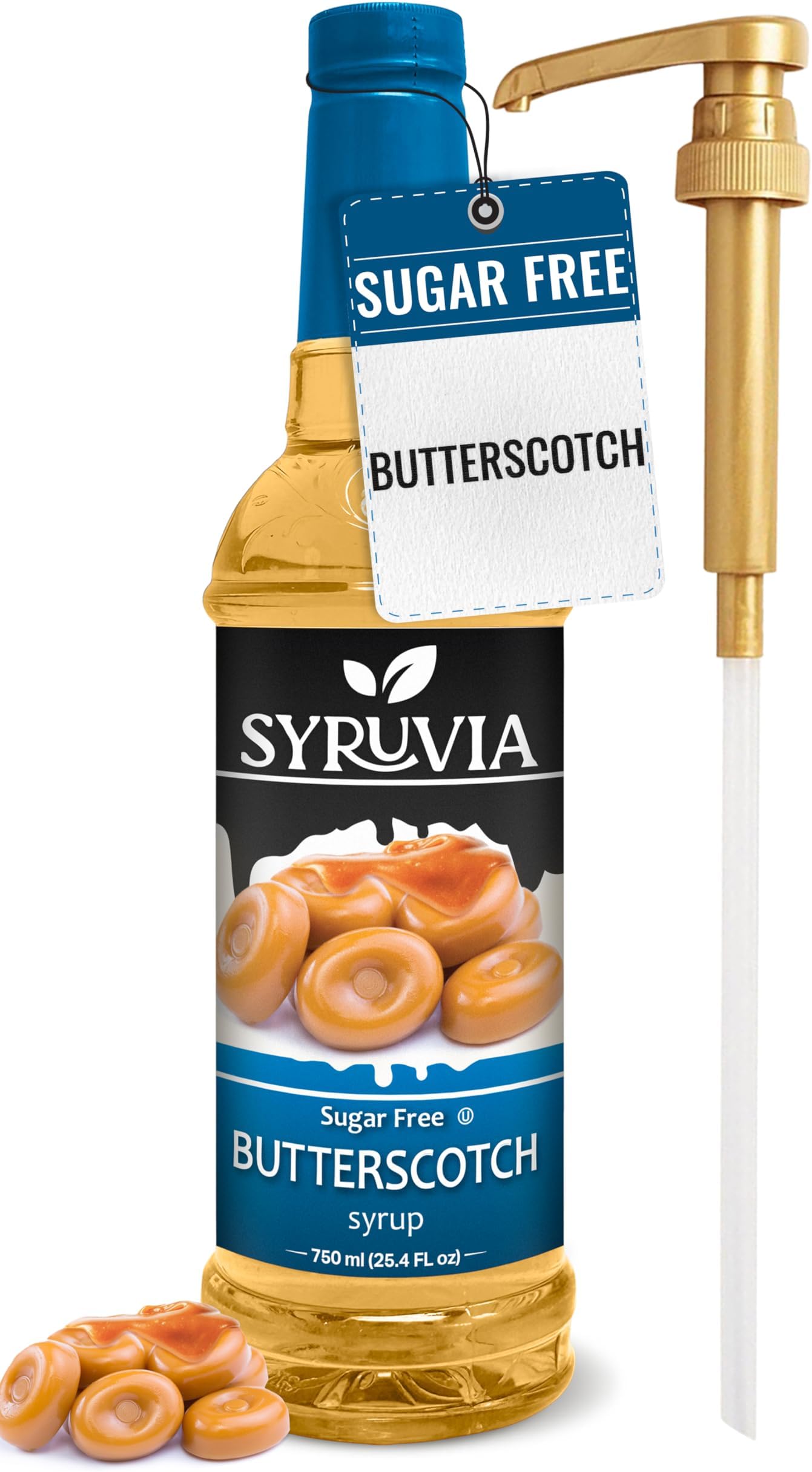 Syruvia Sugar Free Coffee Syrup, Butterscotch Flavored Syrup for Drinks, Lattes, and Desserts – 25.4 fl oz, With Pump