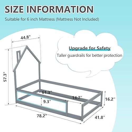 Miniatura 2 de Dolonm Cama de suelo para niños pequeños, tamaño matrimonial, marco de cama Montessori con techo, barandillas de valla y barandillas de longitud