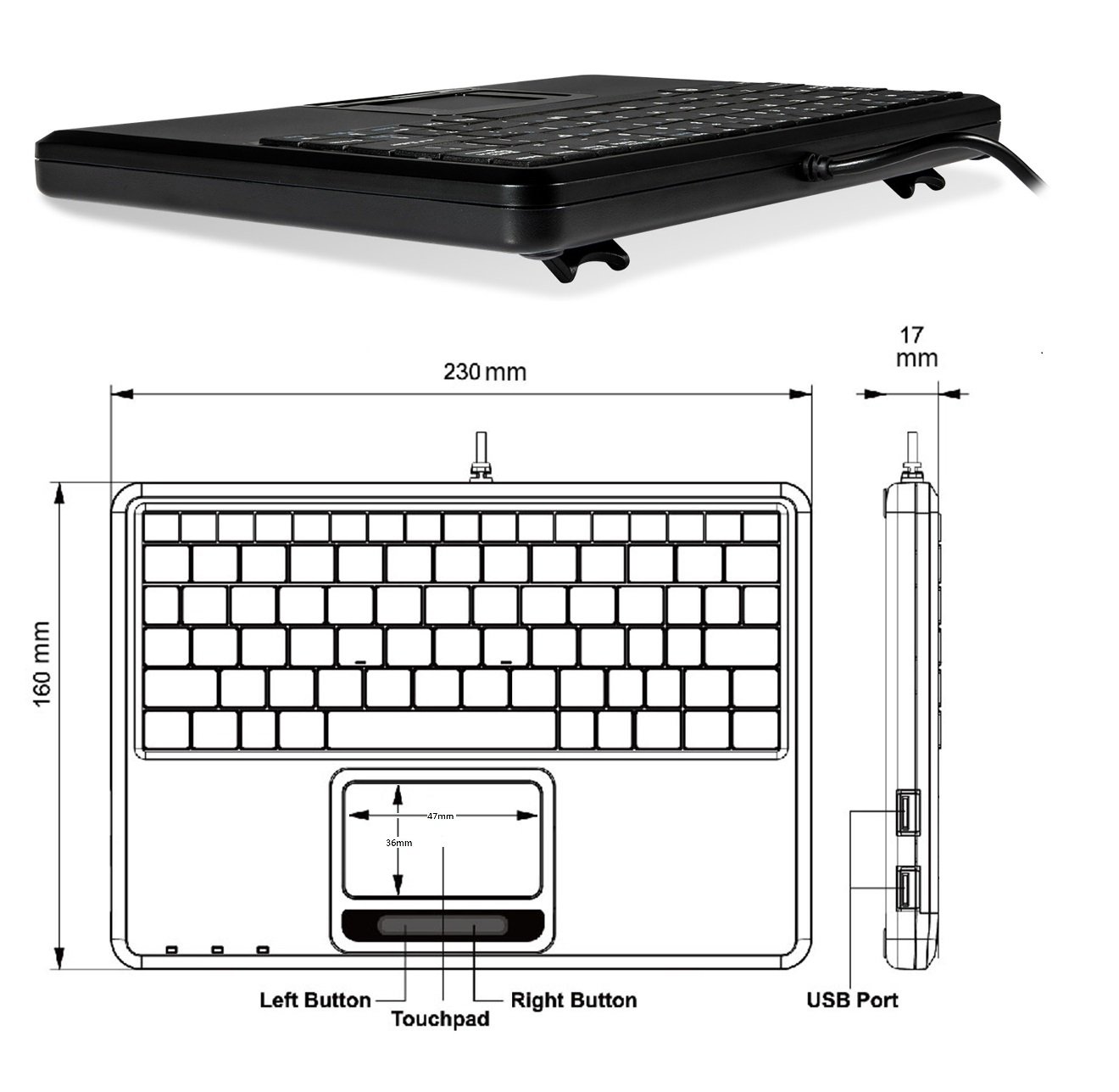 Perixx PERIBOARD-510 H Plus Super Mini Touchpad Tastatur, USB mit 2-Fach USB Hub, Integriertem Touchpad, Schwarz - Deutsches QWERTZ Layout