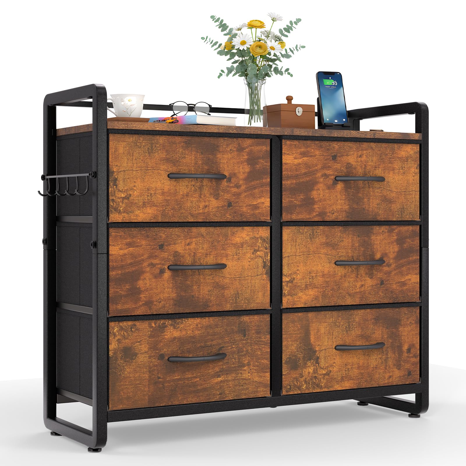 HOKEEPER Kommode, Kommoden mit 6 Schubladen aus Stoff, Schrank für Schlafzimmer,Sideboard Wohnzimmer, Chest of Drawers mit Stabiler Stahlrahmen, Holzplatte, Vintagebraun